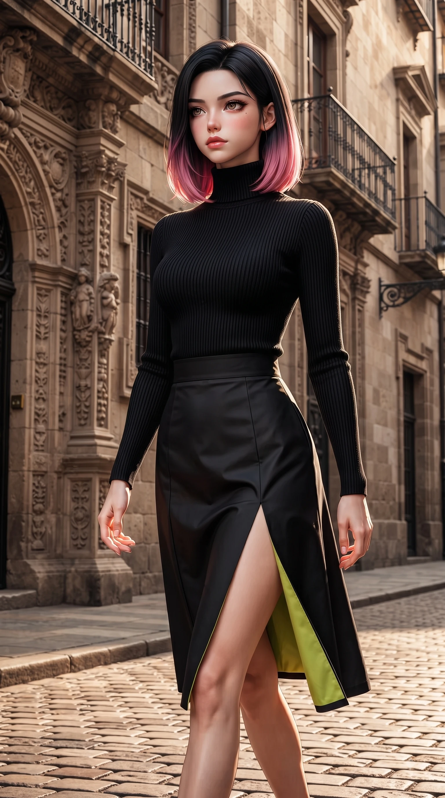 score_9, masterpiece, best quality, ultra-detailed, high-budget anime keyframe, editorial fashion photography, tasteful artistic composition, Korean woman. close-up cowboy shot from the waist and thighs up, the character dominates the composition, filling the frame with her large presence. Statuesque haughty posture with a cool, sharp glance and composed high-fashion elegance while stepping along a quiet historic street with a commanding editorial posture. The surrounding environment is rendered in vivid detail and crisp panoramic clarity. intricate stone carvings, wrought-iron balconies, and warm cobblestone textures captured in crisp resolution. She has an exceptionally elegant, slender, and willowy female figure with an ultra-slim waist, a gracefully sculpted slender torso, and a refined silhouette. sharp v-shaped jawline, high-bridge nose, intricate jewel-like eyes with depth, thick eyelashes, glossy lips with a natural sheen, flawlessly proportioned anatomical accuracy, natural body alignment, perfectly sculpted elegant limbs, clean dynamic posture without body distortion. wearing a chic black ribbed turtleneck knit dress accentuating her slender waist in bright lime green and sleek jet black, tailored from crisp high-density cotton poplin, finished with a sleek side slit ascending to mid-thigh, the tailored fit highlighting her statuesque and model-like silhouette. illuminated by high-contrast directional key light and warm ambient reflections. ultra-reflective glossy finish, specular highlights, metallic sheen, high-contrast stereoscopic depth, volumetric dynamic lighting, 2k, ultra detail, master piece, 9:16 ratio