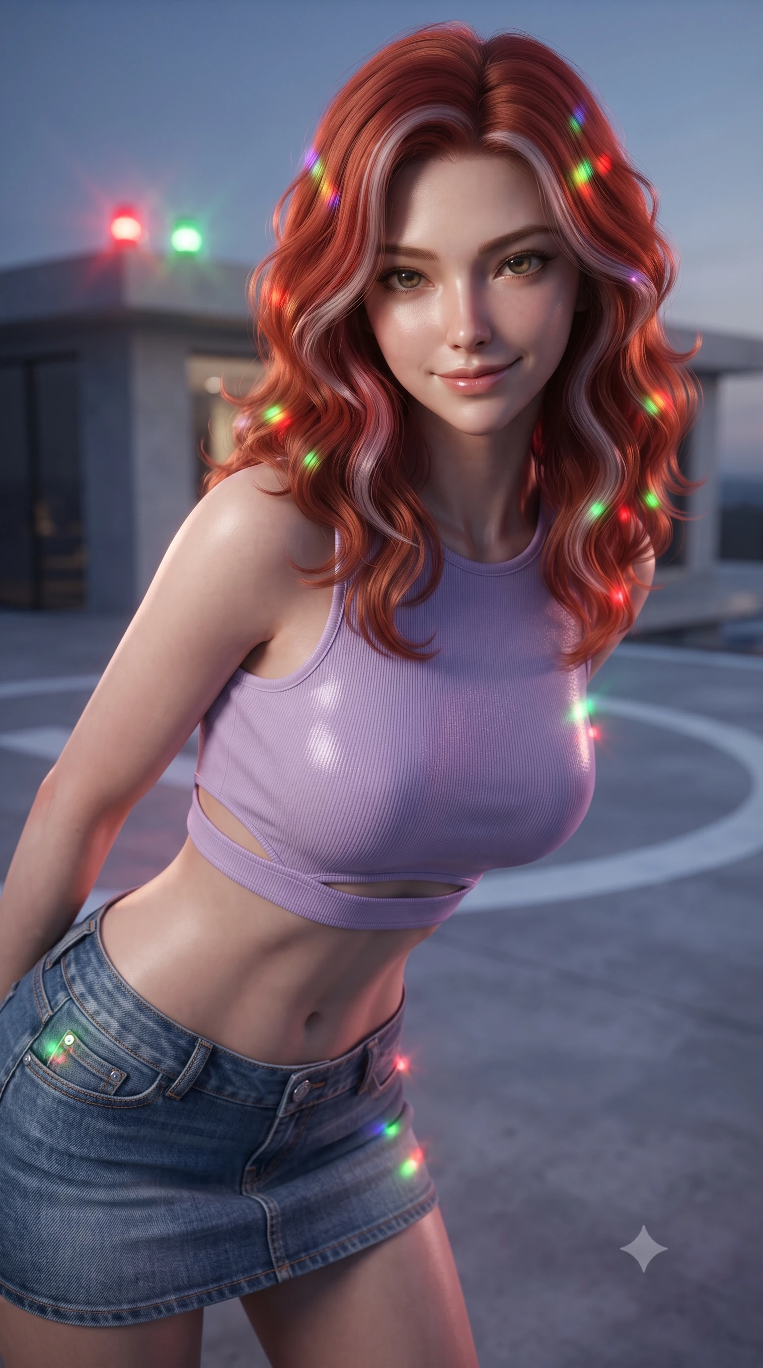 score_9, masterpiece, best quality, ultra-detailed, high-budget anime keyframe, editorial fashion photography, tasteful artistic composition, Caucasian woman. close-up cowboy shot from the waist and thighs up, the character dominates the composition, filling the frame with her large presence, background elements kept in soft focus. leaning slightly forward with a playful, teasing smile, her gaze locked onto the viewer the background shows a soft-focus a concrete helipad circle with blinking signal lights on top of a modern villa. She has an exceptionally elegant, slender, and willowy female figure with an ultra-slim waist, a gracefully sculpted slender torso, and a refined silhouette. sharp v-shaped jawline, high-bridge nose, intricate jewel-like eyes with depth, thick eyelashes, glossy lips with a natural sheen. wearing a body-hugging modern crop top in lavender cotton paired with a low-rise denim skirt and a subtle waist cut-out. flashes of red and green beacon lights casting dynamic highlights on her form. ultra-reflective glossy finish, specular highlights, metallic sheen, high-contrast stereoscopic depth, volumetric dynamic lighting, 2k, ultra detail, master piece, 9:16 ratio
