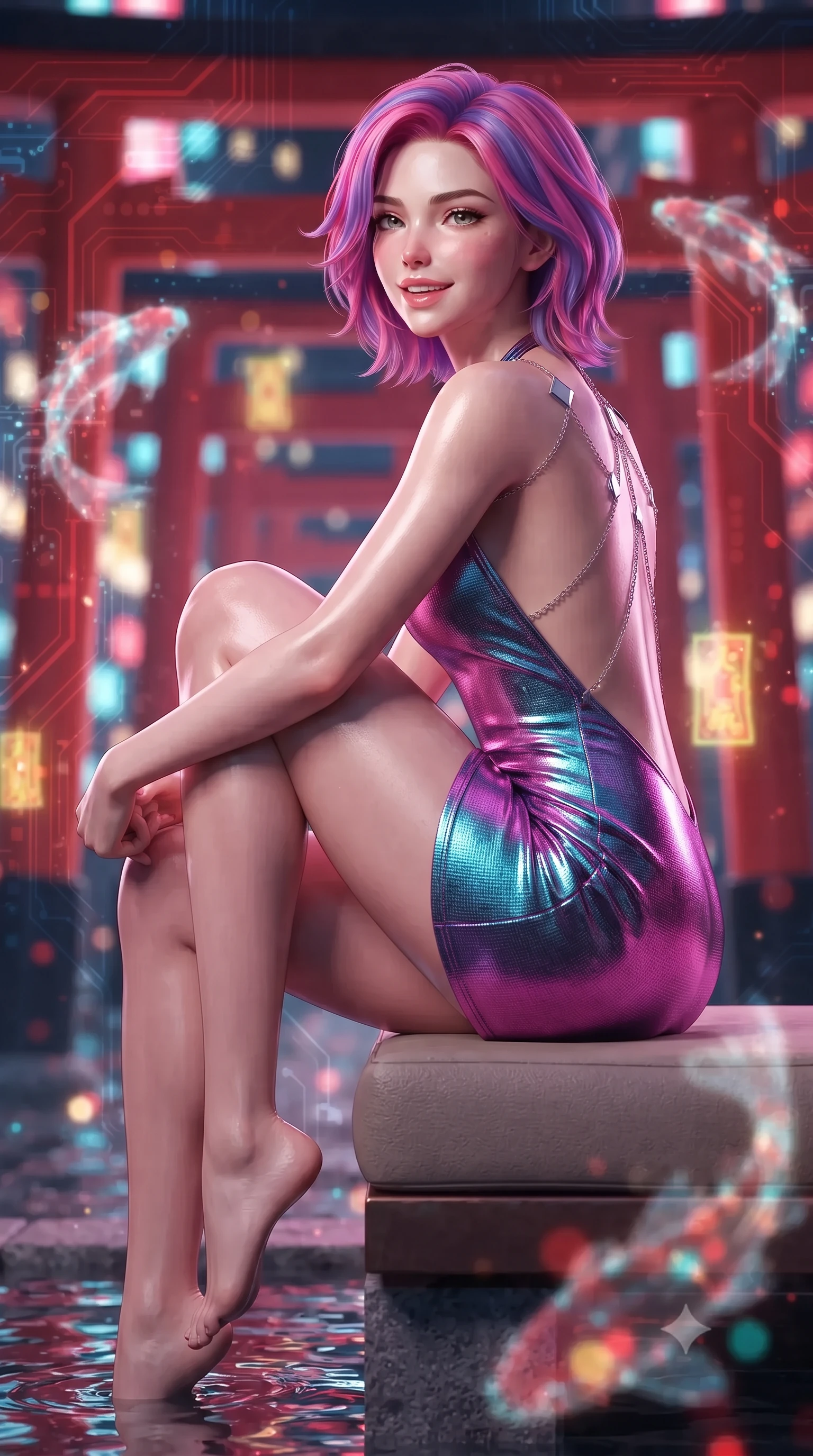 score_9, masterpiece, best quality, ultra-detailed, high-budget anime keyframe, editorial fashion photography, tasteful artistic composition, Caucasian woman. close-up cowboy shot from the waist and thighs up, the character dominates the composition, filling the frame with her large presence. perched sideways on the lounge seat, one knee drawn up to showcase her slender leg line while her arched back accentuates her feminine hip curve while sitting gracefully on the elevated stone shrine dais with legs crossed, flashing a radiant, playful smile with parted glossy lips. The background shows a soft-focus towering vermilion Torii gates with pulsing circuit traces, shimmering digital koi holograms, and floating cyber-talismans blurred into ruby, cyan, and gold bokeh. She has an exceptionally elegant, slender, and willowy female figure with an ultra-slim waist, flat toned midriff, narrow ribcage, and sculpted feminine hips creating an alluring, slim hourglass silhouette without bulk. sharp v-shaped jawline, high-bridge nose, intricate jewel-like sparkling eyes with depth, thick eyelashes, glossy parted lips with a natural peach sheen, bright cheerful beaming smile with an enchanting and coquettish sensual glint, exuding both youthful cute charm and seductive allure, flawlessly proportioned anatomical accuracy, strict slender model proportions, natural body alignment, perfectly sculpted long slender limbs, ultra-slim waistline, clean dynamic posture without body distortion. wearing an alluring backless metallic lamé halterneck mini dress with deep scoop back down to her lower spine in Neo-Tokyo neon magenta and electric cyan, woven from structured carbon-fiber jacquard with rich textural depth, accented with a chrome-drop body harness subtly framing her dewy collarbones and spine, the liquid-tight tailored fabric clinging flawlessly to her narrow waist and rounded feminine hips, emphasizing every millimeter of her sculpted slim hourglass curves without any bulky heaviness. illuminated by mirrored water reflection bounce and sharp neon-violet rim lights defining her dewy collarbones, ultra-slim waist, and curvy hips. ultra-reflective glossy finish, specular highlights, rich textural contrasts, high-contrast stereoscopic depth, volumetric dynamic lighting, 2k, ultra detail, master piece, 9:16 ratio