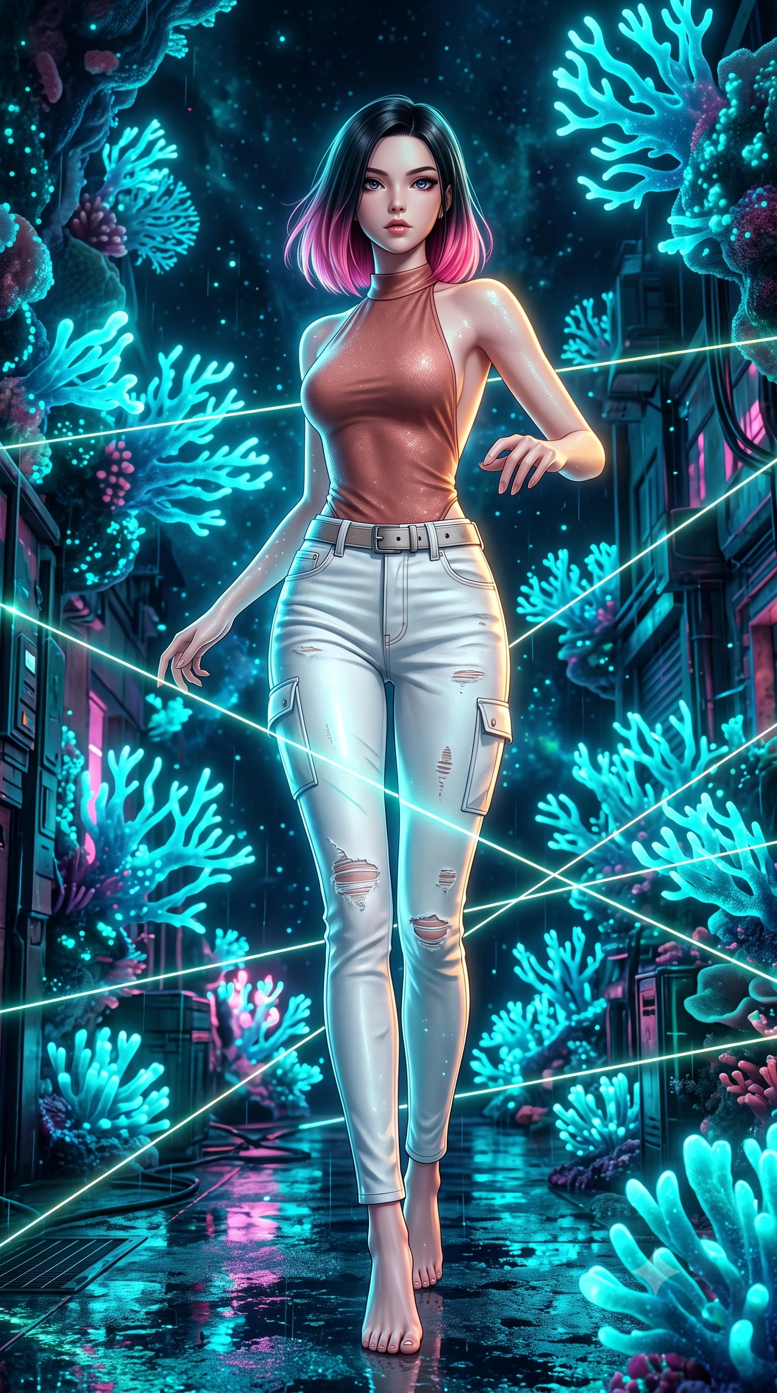 score_9, masterpiece, best quality, ultra-detailed, high-budget anime keyframe, editorial fashion photography, tasteful artistic composition, Korean woman. low angle full-body shot from head to toe showing her feet, filling the entire 9:16 vertical frame with her statuesque presence, stretching her vertical silhouette. dashing through rain-slicked cyberpunk alleyways, dodging laser tripwires with fluid agility through a space reef made of floating organic coral formations that pulse with cyan bioluminescence in a dark nebula. She has a statuesque 8.5-heads proportion, an exceptionally tall, slender and willowy model-like build with impossibly long legs and a highly sculpted ultra-slim waist. sharp v-shaped jawline, high-bridge nose, intricate jewel-like eyes with depth, thick eyelashes, glossy lips with a natural sheen. wearing catching and diffusing the glowing particles, shimmering softly in response to the surrounding light, a body-hugging backless halter-neck top in muted terracotta, paired with high-waisted white denim trousers. highly saturated vibrant anime colors, intense vivid color palette, soft 3D volumetric shading, volumetric dynamic lighting, dramatic chiaroscuro with a single golden key light sculpting her silhouette. 2k, ultra detail, master piece, 9:16 ratio