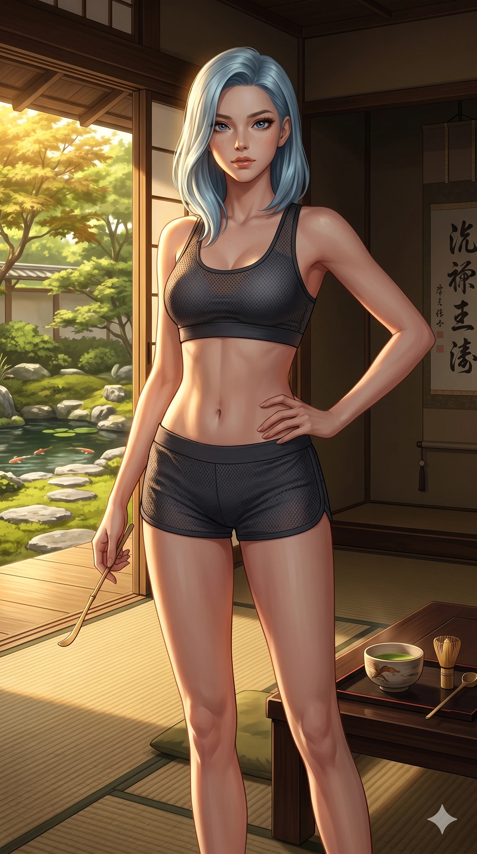 score_9, masterpiece, best quality, ultra-detailed, high-budget anime keyframe, editorial fashion photography, tasteful artistic composition, Korean woman. cowboy shot from the thighs up, character and outfit filling the frame for maximum editorial presence. resting her hand on her hip, arching her back slightly to catch the warm afternoon sun in a traditional resort tatami tea room opening to a garden (Code-P19-078). She has an absolutely perfect 8-heads proportion, an exceptionally tall and slender female figure with impossibly long slender legs and an ultra-slim waist. V-shaped jawline, high-bridge nose, intricate jewel-like eyes with depth, thick eyelashes, glossy lips with a natural sheen. wearing a sports bra and micro-shorts set in athletic-mesh, showing her bare midriff and athletic build. golden light emanating from the water surface, creating a dramatic chiaroscuro effect. 2k, ultra detail, master piece, 9:16 ratio