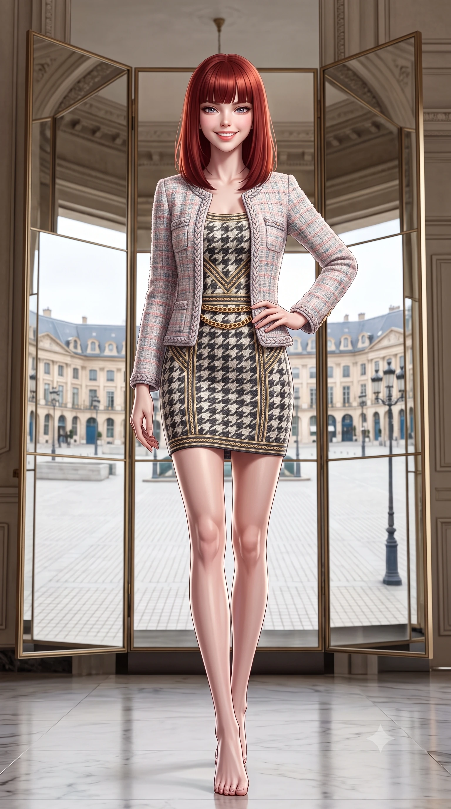 score_9, masterpiece, best quality, ultra-detailed, high-budget anime keyframe, semi-realistic 3D game render, editorial fashion photography, tasteful artistic composition, Caucasian woman. low angle full-body shot from head to toe showing her feet, filling the entire 9:16 vertical frame with her statuesque presence, stretching her vertical silhouette. standing tall and centered in the frame with one hand on her hip, radiating statuesque poise, an ultra-slim waist, and captivating allure while walking past monumental mirrors reflecting the historic octagonal Place Vendôme square, turning with magnetic high-fashion poise. The surrounding environment is rendered in vivid detail and crisp panoramic clarity: detailed Chanel-inspired pastel tweed jacket weave, braided trim borders, and premier Parisian interior architecture in razor-sharp precision. She has an exceptionally tall and slender model-like 8.5-heads proportion, an ultra-slim waist, a flat toned midriff, narrow delicate ribcage, and beautifully sculpted feminine hips creating a graceful, slim hourglass silhouette without any bulky heaviness, with impossibly long slender legs. sharp v-shaped jawline, high-bridge nose, intricate jewel-like sparkling eyes with depth, thick eyelashes, glossy parted lips with a natural peach sheen, bright cheerful beaming smile with an enchanting and coquettish sensual glint, exuding both youthful cute charm and seductive allure, flawlessly proportioned anatomical accuracy, strict slender model proportions, natural body alignment, perfectly sculpted long slender limbs, ultra-slim waistline, clean dynamic posture without body distortion. wearing a form-contouring Art Deco geometric patterned knit bodycon dress hugging her slender frame with golden thread accents in classic Savile Row charcoal houndstooth and crisp ivory, tailored from form-contouring ribbed merino wool hugging her torso like a second skin, finished with a sleek gold chain belt resting snugly across her narrow waist and curving hips, the second-skin tailored fabric adhering flawlessly to her sculpted flat midriff and slender torso, emphasizing her long leg lines and perfectly proportioned willowy build. illuminated by polished marble floor bounce and pristine champagne rim lights defining her razor-sharp jawline and elegant tailored silhouette. highly saturated vibrant anime colors, detailed shading with soft gradients, rich glossy textures, high-contrast stereoscopic depth, volumetric dynamic lighting, master piece, 9:16 ratio