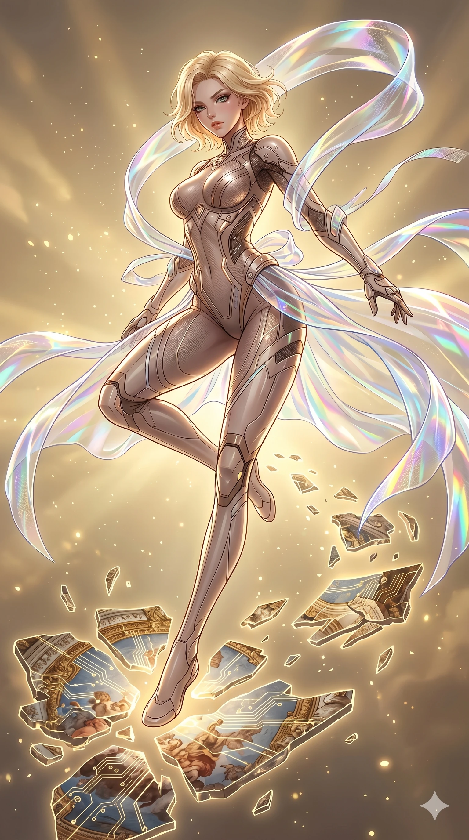 score_9, masterpiece, best quality, ultra-detailed, high-budget anime keyframe, Korean woman. low angle full-body shot filling the entire 9:16 frame with her statuesque presence, stretching the vertical silhouette. propelling herself off digital baroque ceiling fresco shards that float and reassemble in a golden sky. She has an absolutely perfect 8-heads proportion, an exceptionally tall and slender female figure with impossibly long slender legs and an ultra-slim waist. V-shaped jawline, high-bridge nose, intricate jewel-like eyes with depth, thick eyelashes, glossy lips with a natural sheen.. wearing a cybernetic bodysuit with a holographic ribbon, featuring a skin-tight contouring bodysuit wrapped in a translucent flowing holographic organza ribbon. illuminated by dramatic chiaroscuro casting soft shadows along her curves, with vibrant backlighting highlighting the dust particles. 2k, ultra detail, master piece, 9:16 ratio