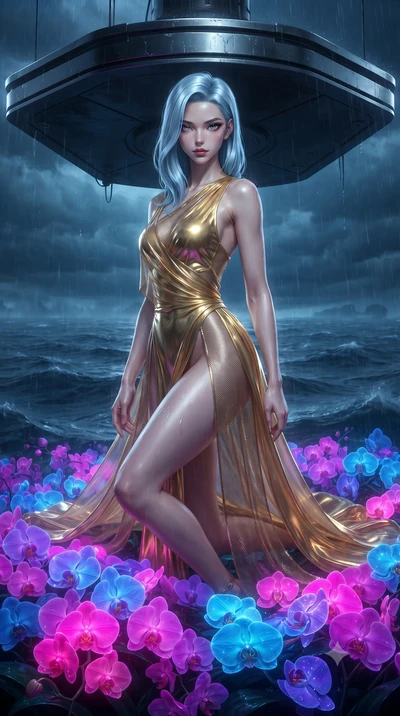 score_9, masterpiece, best quality, ultra-detailed, High-budget Anime Keyframe, editorial fashion photography, tasteful artistic composition, realistic cosplay photography, East Asian woman. Dynamic full-body shot stretching the vertical silhouette t