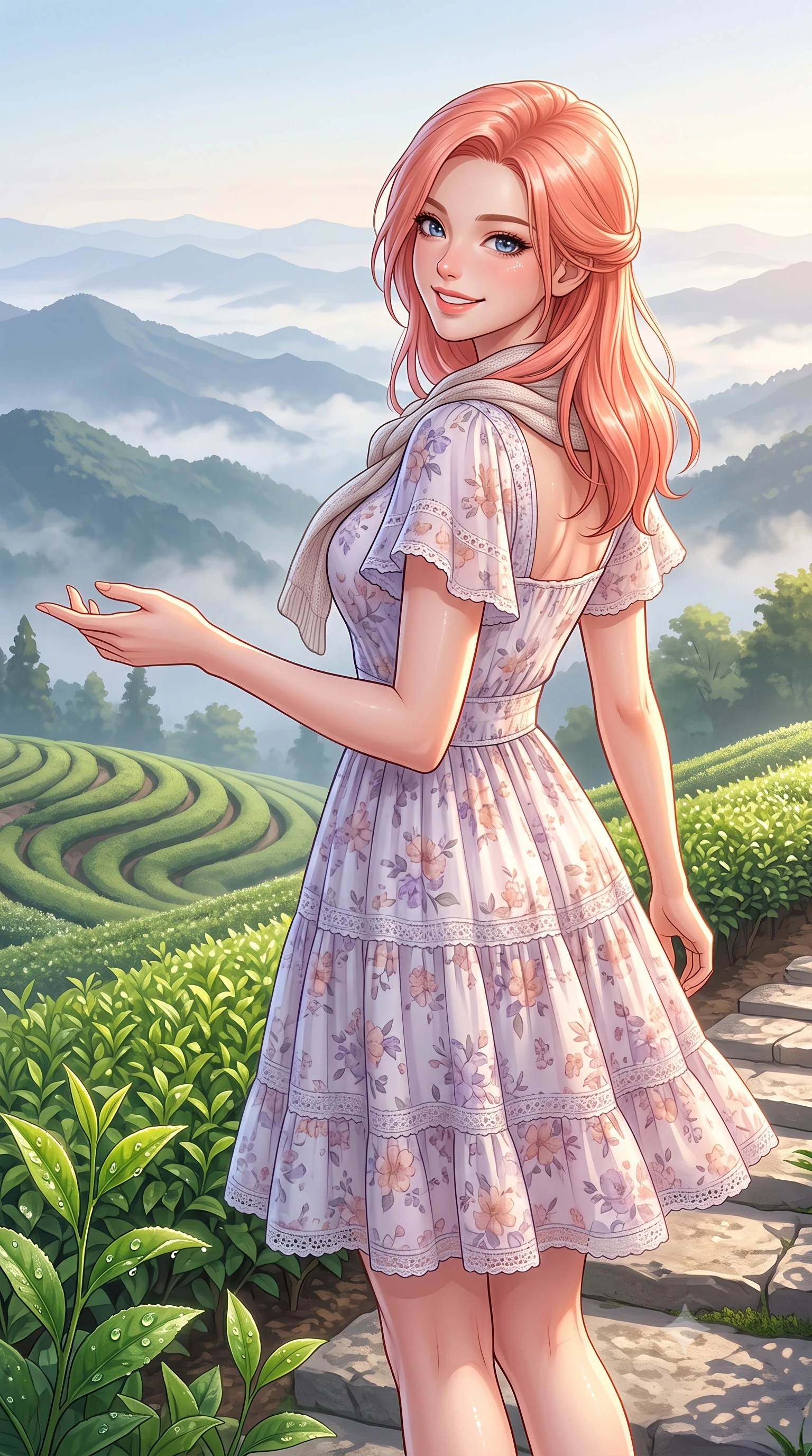 score_9, masterpiece, best quality, ultra-detailed, high-budget anime keyframe, semi-realistic 3D game render, editorial fashion photography, tasteful artistic composition, Japanese woman. close-up cowboy shot from the waist and thighs up, the character dominates the composition, filling the frame with her large presence. extending one arm gracefully toward the scenery while turning back with an infectious, heartwarming smile while gazing across layers of misty mountain ridges with sparkling, hopeful eyes and a radiant expression. The surrounding environment is rendered in vivid detail and crisp panoramic clarity. glistening morning dewdrops on fresh tea leaves, neat curving terrace contours, and stone steps in sharp focus. She has an exceptionally elegant, slender, and willowy female figure with an ultra-slim waist, a gracefully sculpted slender torso, toned flat midriff, and a refined slim silhouette. sharp v-shaped jawline, high-bridge nose, intricate jewel-like eyes with depth, thick eyelashes, glossy lips with a natural sheen, pure and lovely fresh girlhood expression, flawlessly proportioned anatomical accuracy, strict slender model proportions, natural body alignment, perfectly sculpted long slender limbs, ultra-slim waistline, clean dynamic posture without body distortion. wearing a breezy tiered chiffon sundress with delicate floral print and short flutter sleeves in subtle lilac violet and soft rose gold, woven with delicate eyelet lace and breathable cotton voile, finished with a lightweight knitted scarf draped loosely around her neck, the tailored casual silhouette highlighting her fresh and youthful presence and perfectly proportioned slender frame. illuminated by gentle morning sunbeams casting a warm, dewy glow on her skin and attire. highly saturated vibrant anime colors, detailed shading with soft gradients, rich glossy textures, high-contrast stereoscopic depth, volumetric dynamic lighting, master piece, 9:16 ratio
