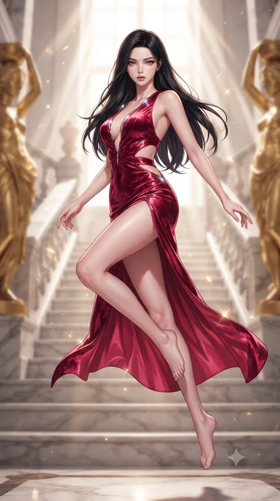 score_9, masterpiece, best quality, ultra-detailed, high-budget anime keyframe, editorial fashion photography, tasteful artistic composition, Korean woman. low angle full-body shot from head to toe showing her feet, filling the entire 9:16 vertical f