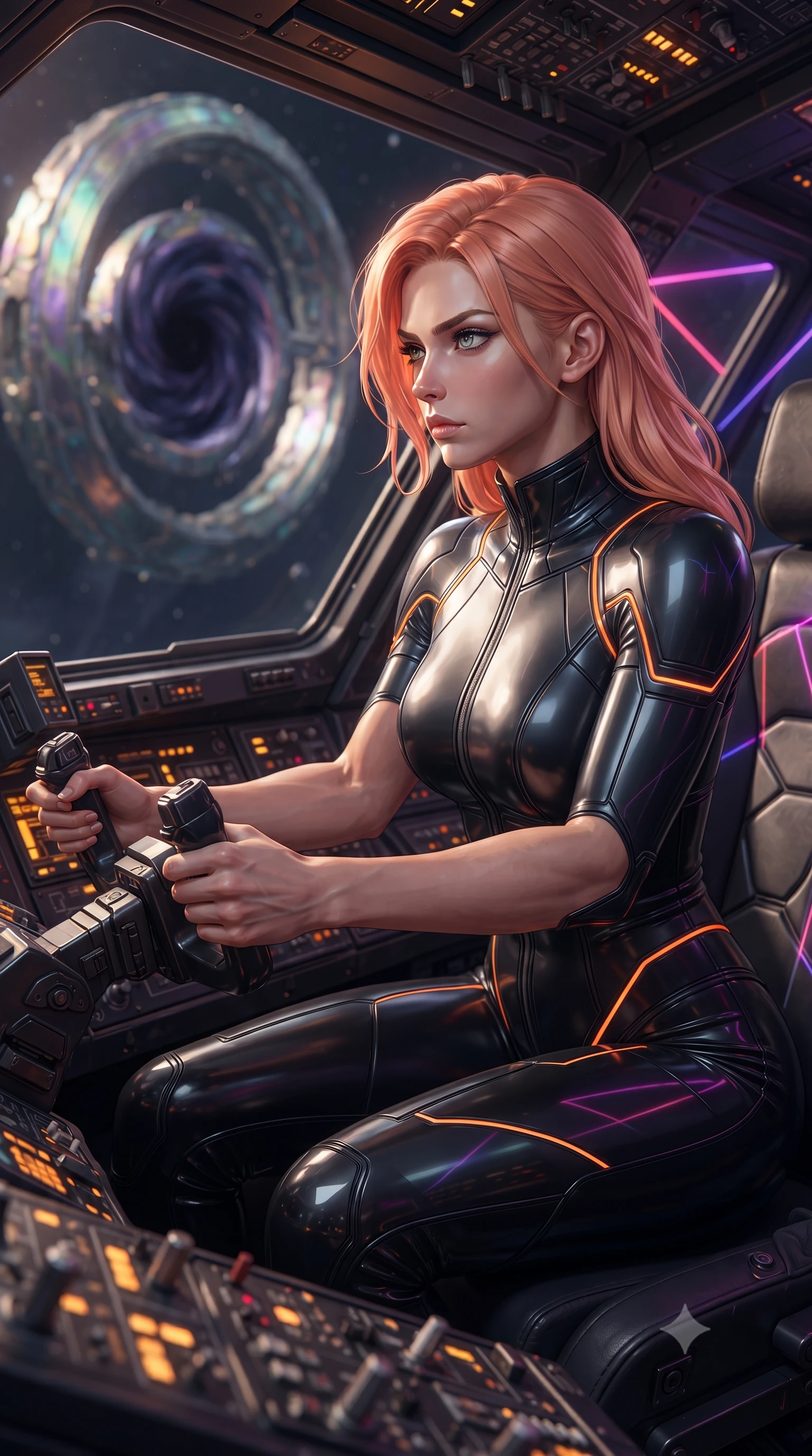 score_9, masterpiece, best quality, ultra-detailed, high-budget anime keyframe, editorial fashion photography, tasteful artistic composition, realistic cosplay photography, Japanese woman. close-up cowboy shot from the waist and thighs up, the character dominates the composition, filling the frame with her large presence, background elements kept in soft focus. Piloting a starfighter through a tight asteroid gap, hands tight on the flight yoke, looking sharply left. set against a soft-focus background of a colossal alien ring structure floating in space, the center filled with a swirling vortex of dark energy. She has an exceptionally elegant and slender, willowy female figure with an ultra-slim waist, a gracefully sculpted slender torso, and a refined slim physique. sharp v-shaped jawline, high-bridge nose, intricate jewel-like eyes with depth, thick eyelashes, glossy lips with a natural sheen. wearing tailored for maximum mobility, sleek form-contouring panels that allow fluid movement, a slim-fit body-hugging tactical spy suit in matte black latex-effect material, featuring a high collar and orange neon line accents. laser lines of violet and hot pink reflecting off surfaces casting geometric neon highlights. ultra-reflective glossy finish, specular highlights, metallic sheen, high-contrast stereoscopic depth, volumetric dynamic lighting, 2k, ultra detail, master piece, 9:16 ratio