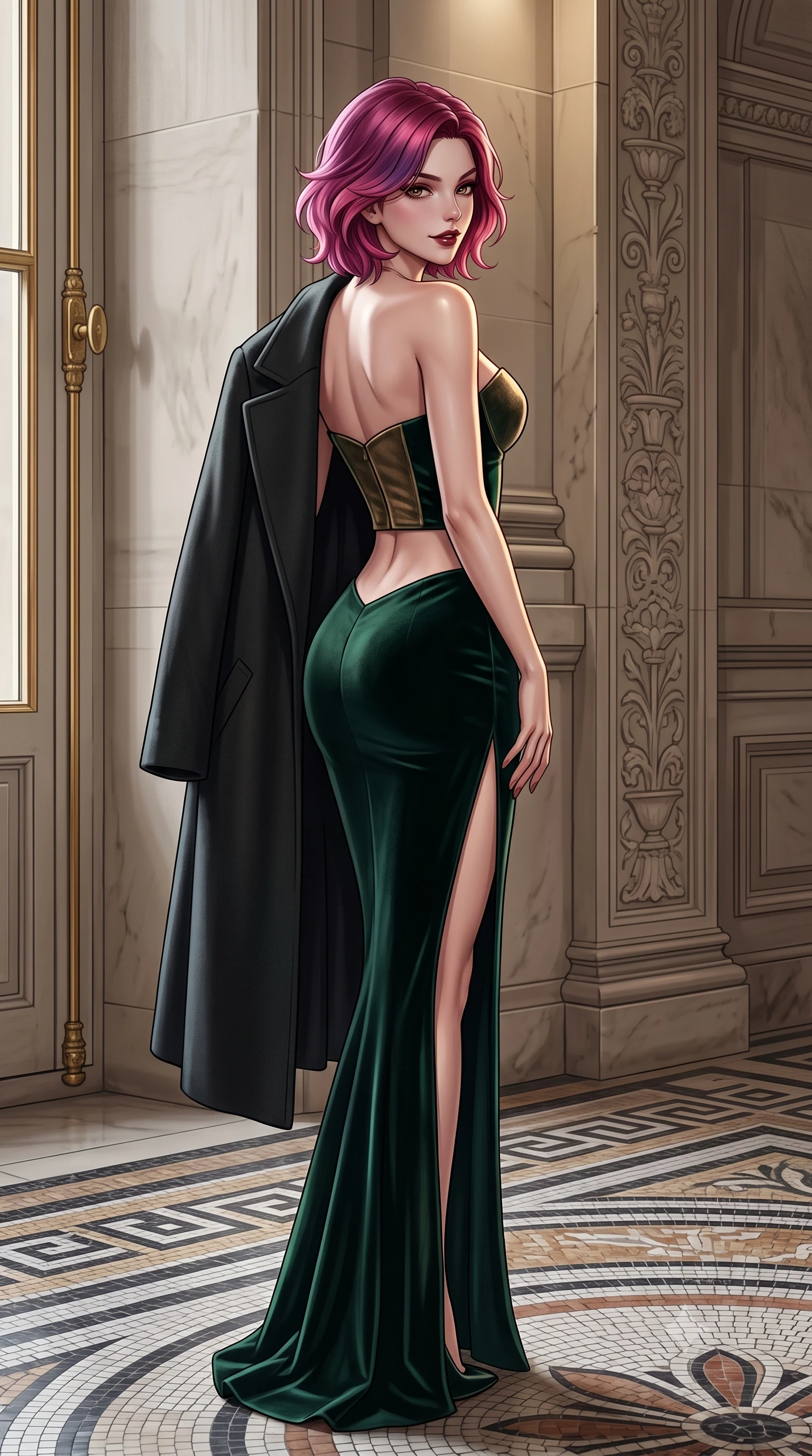 score_9, masterpiece, best quality, ultra-detailed, high-budget anime keyframe, editorial fashion photography, tasteful artistic composition, Caucasian woman. low angle full-body shot from head to toe showing her feet, filling the entire 9:16 vertical frame with her statuesque presence, stretching her vertical silhouette. posing with back turned slightly to the lens, glancing back with an intoxicating, dangerous smile as she arches her lower back to emphasize her sculpted feminine hips and slender waist while twisting her slender torso in an alluring contrapposto stance, her dark tailored gown clinging to her narrow waist and rounded feminine hips. The surrounding environment is rendered in vivid detail and crisp panoramic clarity. sharp marble mosaic tile tesserae, carved neoclassical stone pilasters, and brass window frame hardware in deep focus. She has an exceptionally tall and slender model-like 8.5-heads proportion, an ultra-slim waist, a flat toned midriff, narrow delicate ribcage, and beautifully sculpted feminine hips creating a graceful, slim hourglass silhouette without any bulky heaviness, with impossibly long slender legs. sharp v-shaped jawline, high-bridge nose, intricate jewel-like dark sparkling eyes with dangerous depth, thick curled eyelashes, glossy parted lips with a rich wine sheen, smoldering seductive half-smile with bedroom-eyes, exuding effortless superiority and intoxicating dark allure, flawlessly proportioned anatomical accuracy, strict slender model proportions, natural body alignment, perfectly sculpted long slender limbs, ultra-slim waistline, clean dynamic posture without body distortion. wearing a sweetheart-neckline velvet bustier paired with a curve-hugging high-slit mermaid maxi skirt in dark emerald green and brushed antique bronze, tailored from crushed dark velvet with deep light-absorbing plush texture, complemented by an oversized dark cashmere coat draped casually over one shoulder, the high-waisted tailoring accentuating her ultra-slim waistline and the enchanting curve of her feminine hips with alluring dark charm. illuminated by crisp champagne gold rim lighting and sharp architectural downlights sculpting her razor-sharp jawline, narrow waist, and curvy hips. ultra-reflective glossy finish, specular highlights, rich textural contrasts, high-contrast stereoscopic depth, volumetric dynamic lighting, 2k, ultra detail, master piece, 9:16 ratio