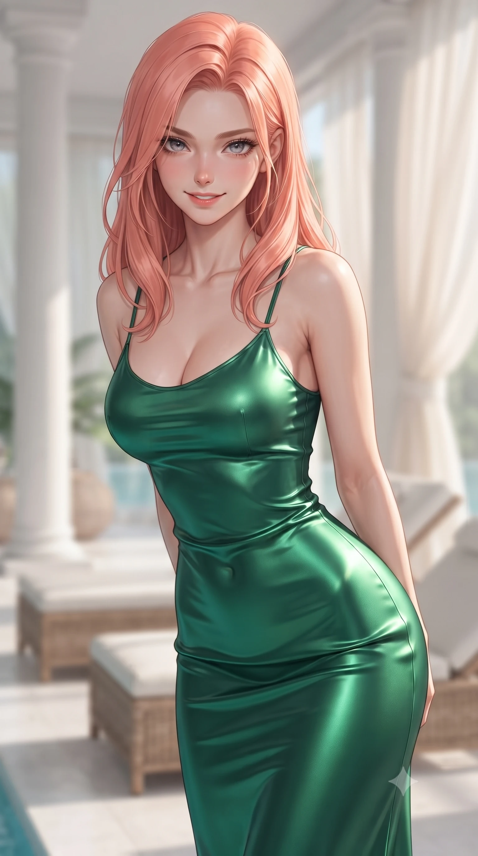 score_9, masterpiece, best quality, ultra-detailed, high-budget anime keyframe, editorial fashion photography, tasteful artistic composition, Japanese woman woman. close-up cowboy shot from the waist and thighs up, the character dominates the composition, filling the frame with her large presence, background elements kept in soft focus. leaning slightly forward with a playful, teasing smile, her gaze locked onto the viewer the background shows a soft-focus an indoor pool house with white columns, rattan lounge chairs, and sheer silk drapes. She has an exceptionally elegant, slender, and willowy female figure with an ultra-slim waist, a gracefully sculpted slender torso, and a refined silhouette. sharp v-shaped jawline, high-bridge nose, intricate jewel-like eyes with depth, thick eyelashes, glossy lips with a natural sheen. wearing a slim-fit form-contouring emerald green silk slip dress that hugs her slender waist and hips. soft afternoon daylight filtered through drapes, creating a serene, dreamy mood. ultra-reflective glossy finish, specular highlights, metallic sheen, high-contrast stereoscopic depth, volumetric dynamic lighting, 2k, ultra detail, master piece, 9:16 ratio