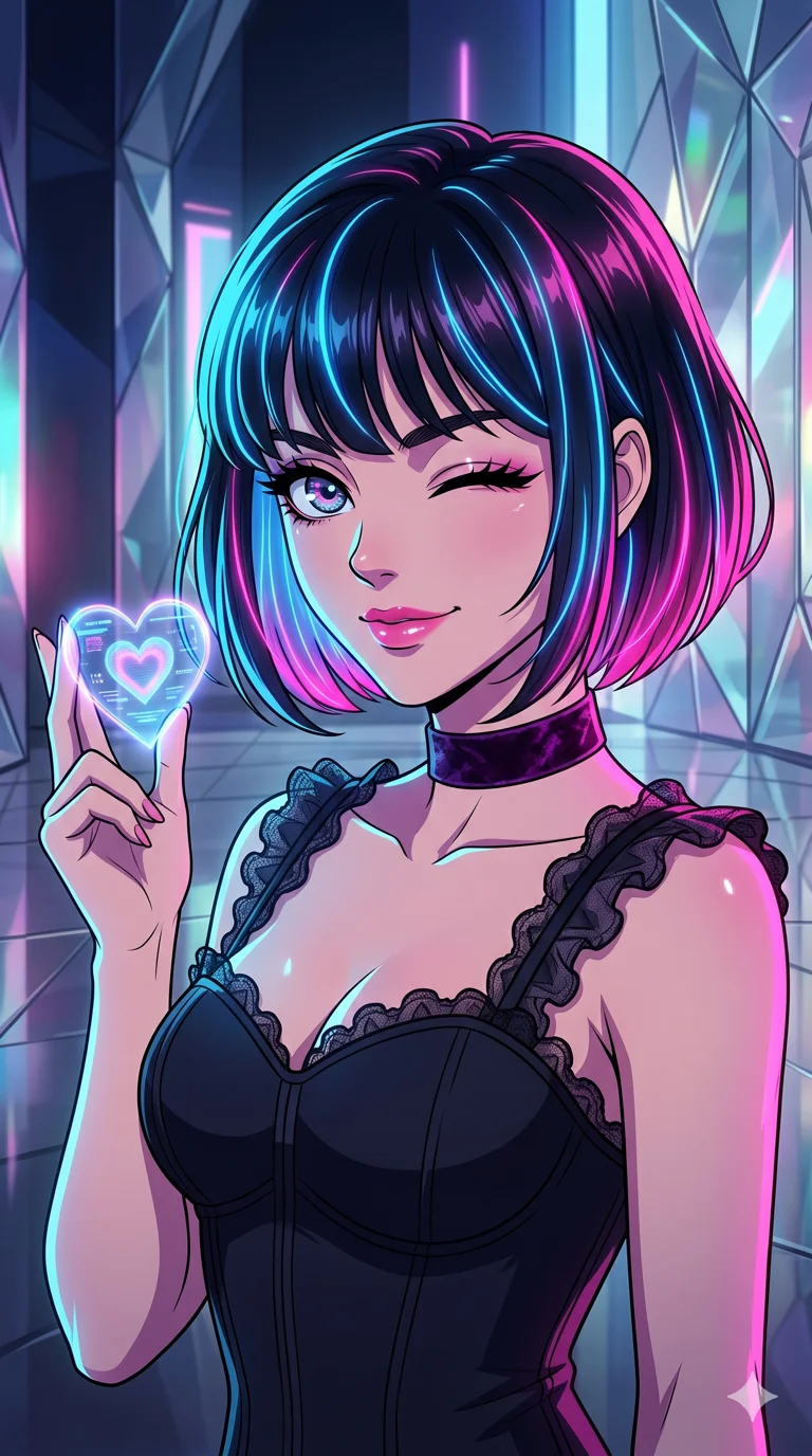 score_9, masterpiece, best quality, ultra-detailed, high-budget anime keyframe, vibrant colors and expressive line art, an incredibly beautiful Caucasian woman (strictly human ears). Medium shot of upper body focusing on her alluring and cute features and her cyber-glow hair with pitch black base and glowing neon-blue and hot-pink highlights, filling the vertical 9:16 frame. She is winking playfully while holding a heart-shaped holographic device. She has a sharp v-shaped jawline, high-bridge nose, intricate jewel-like eyes, thick eyelashes, and glossy lips. She possesses an absolutely perfect 8-heads proportion and a slim-fit silhouette. She is wearing a velvet choker and a tight-fitting corset top with lace ruffles, highlighting her alluring silhouette. a futuristic crystal palace with reflecting floors and walls, dramatic rim lighting, cinematic shadows, 2k, ultra detail, master piece, 9:16 ratio