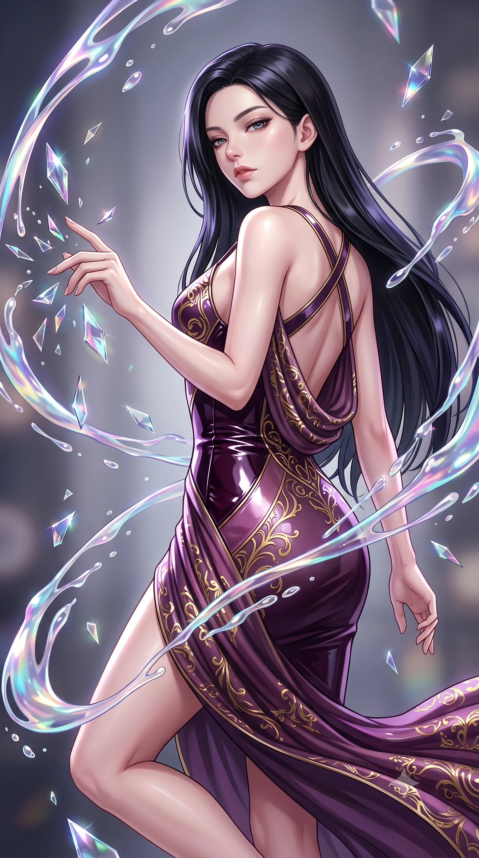 score_9, masterpiece, best quality, ultra-detailed, high-budget anime keyframe, editorial fashion photography, tasteful artistic composition, Korean woman. close-up cowboy shot from the waist and thighs up, the character dominates the composition, filling the frame with her large presence, background elements kept in soft focus. Tilting her chin up with an air of effortless superiority while balancing dynamically amidst the scene while reaching her hand forward to catch floating glass kaleidoscope shards hovering in zero-gravity, viscous opal liquid trails swirling around her silhouette in fluid zero-gravity arcs. She has an exceptionally elegant, slender, and willowy female figure with an ultra-slim waist, a gracefully sculpted slender torso, and a refined silhouette. sharp v-shaped jawline, high-bridge nose, intricate jewel-like eyes with depth, thick eyelashes, glossy lips with a natural sheen, flawlessly proportioned anatomical accuracy, natural body alignment, perfectly sculpted elegant limbs, clean dynamic posture without body distortion. wearing a precision-fitted liquid jersey bodycon dress with a graceful draped back in plum purple and gold filigree, tailored from high-gloss patent leather, complemented by criss-cross back straps highlighting her bare shoulders, the elegant draped fit framing her graceful clavicle and slender torso. illuminated by high-contrast studio spotlights with ultra-bright specular highlights. highly saturated vibrant anime colors, detailed shading with soft gradients, rich glossy textures, high-contrast stereoscopic depth, volumetric dynamic lighting, master piece, 9:16 ratio