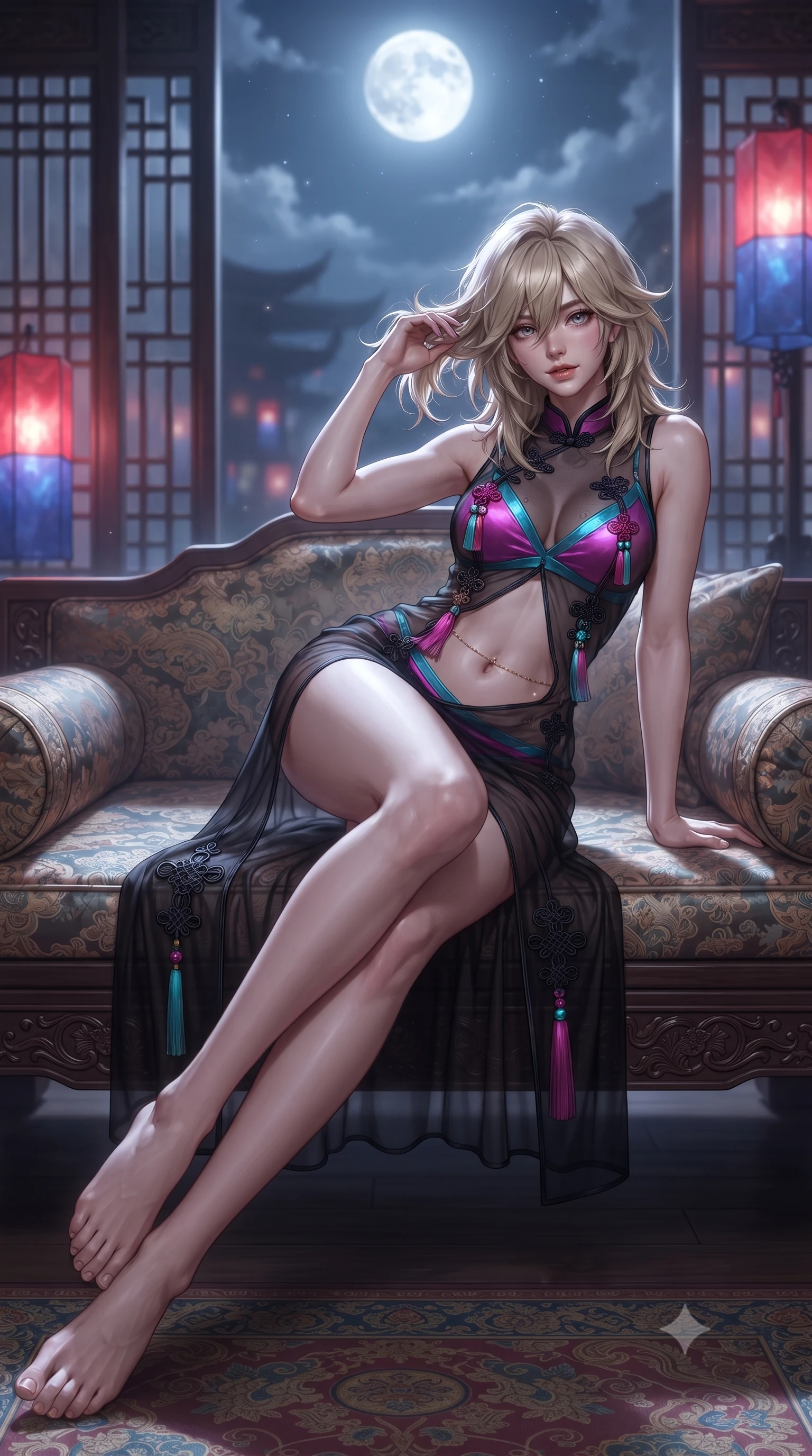 score_9, masterpiece, best quality, ultra-detailed, high-budget anime keyframe, editorial fashion photography, tasteful artistic composition, Japanese woman. low angle full-body shot from head to toe showing her feet, filling the entire 9:16 vertical frame with her statuesque presence, stretching her vertical silhouette. lounging on the lavish daybed with legs crossed and hips angled toward the camera, displaying her toned midriff and long slender limbs with effortless siren poise while lounging languidly on an antique silk floor cushion propped on one elbow, her flat midriff and long slender legs commanding the moonlit pavilion vista. The background shows a soft-focus traditional palace wooden lattice screens and glowing red-and-blue silk lanterns softened in ethereal night shallow focus. She has an absolutely perfect, statuesque 8.5-heads proportion, an exceptionally tall and slender model-like female figure with impossibly long slender legs, an ultra-slim waist, a flat toned midriff, narrow delicate ribcage, and beautifully sculpted feminine hips creating a graceful, slim hourglass silhouette without any bulky heaviness. sharp v-shaped jawline, high-bridge nose, sparkling eyes with hypnotic seductive depth, thick curled eyelashes, glossy parted lips with a natural dewy peach sheen, alluring bedroom-eyes with an enchanting coquettish smile, exuding magnetic siren charisma and sophisticated glamour, flawlessly proportioned anatomical accuracy, strict slender model proportions, natural body alignment, perfectly sculpted long slender limbs, ultra-slim waistline, clean dynamic posture without body distortion. wearing a sheer black gauze norigae slip dress worn over a liquid satin undergarment, hugging her flat midriff and hourglass curves in electric 80s magenta and neon cyan with chrome highlights, made of semi-opaque stretch illusion mesh with soft shadowy contours, finished with a dainty gold belly chain resting across her flat midriff and curving hips, the second-skin tailored fabric adhering flawlessly to her sculpted flat midriff and slender torso, emphasizing her long leg lines and perfectly proportioned willowy build. bathed in pure silver moonlight cascading directly from the harvest full moon above. ultra-reflective glossy finish, specular highlights, rich textural contrasts, high-contrast stereoscopic depth, volumetric dynamic lighting, 2k, ultra detail, master piece, 9:16 ratio