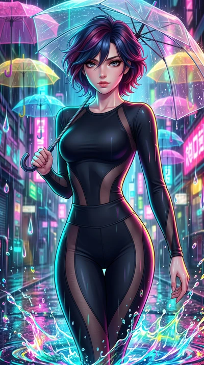 score_9, masterpiece, best quality, ultra-detailed, high-budget anime keyframe, Japanese woman. upper body close-up from the thighs up, character filling the screen for maximum presence. navigating a wet neon-lit future street under colorful floating