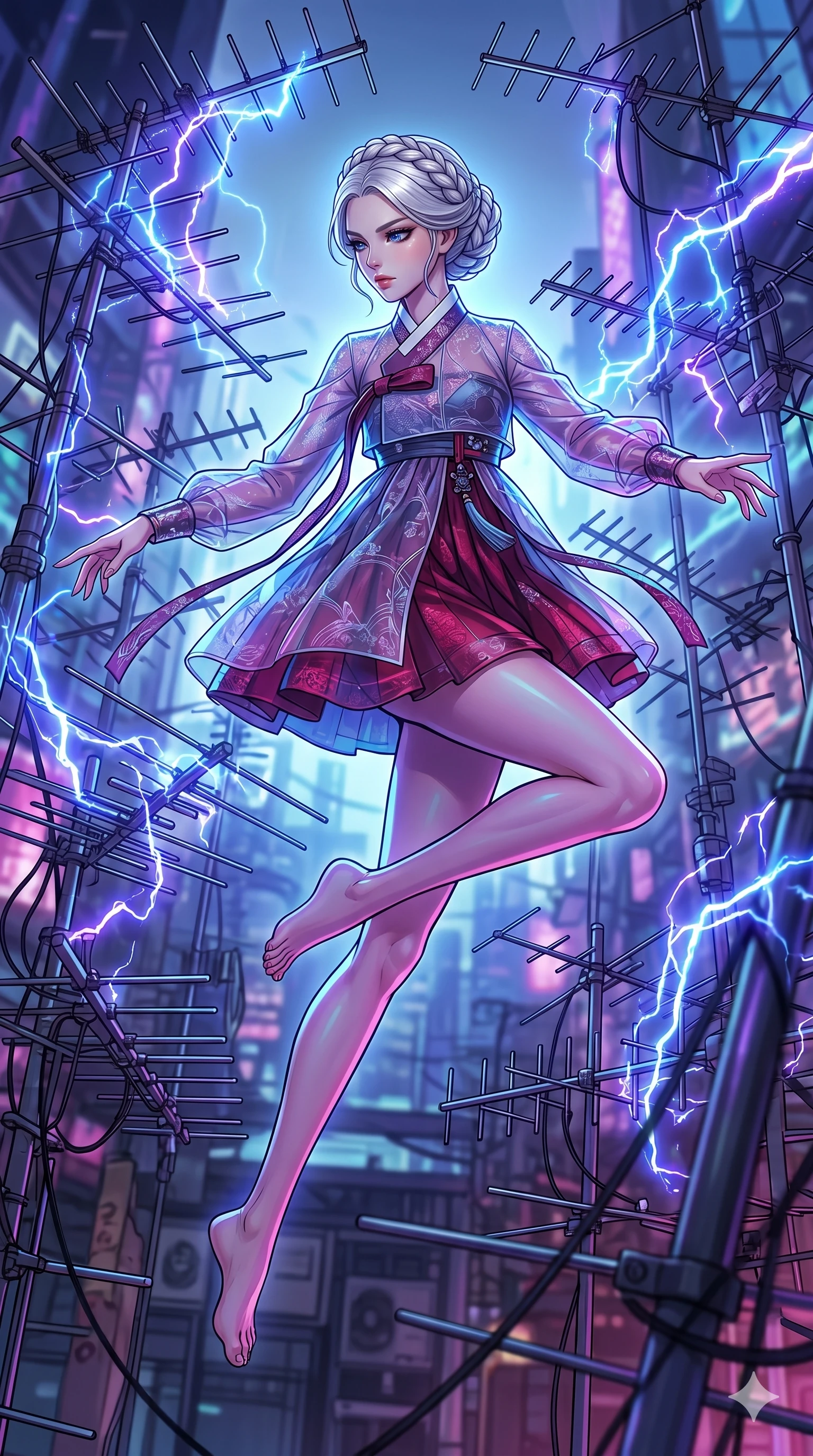 score_9, masterpiece, best quality, ultra-detailed, high-budget anime movie keyframe, cinematic anime lighting, intricate line art, Caucasian (strictly human ears) anime girl. Dynamic full-body shot stretching the vertical silhouette across the 9:16 frame. navigating a sea of clouds in a holographic shopping mall amidst aurora borealis. She has an absolutely perfect 8-heads proportion, an exceptionally tall and slender female figure with an ultra-slim waist and impossibly long slender legs. sharp v-shaped jawline, high-bridge nose, intricate jewel-like eyes, thick eyelashes, glossy lips. Wearing modernized deep-plunging silk hanbok-fusion with metallic straps, a high-slit sheer skirt over micro-shorts, and holographic embroidered patterns. The scene is illuminated by dramatic atmospheric lighting and vibrant color palettes. 2k, ultra detail, master piece, 9:16 ratio