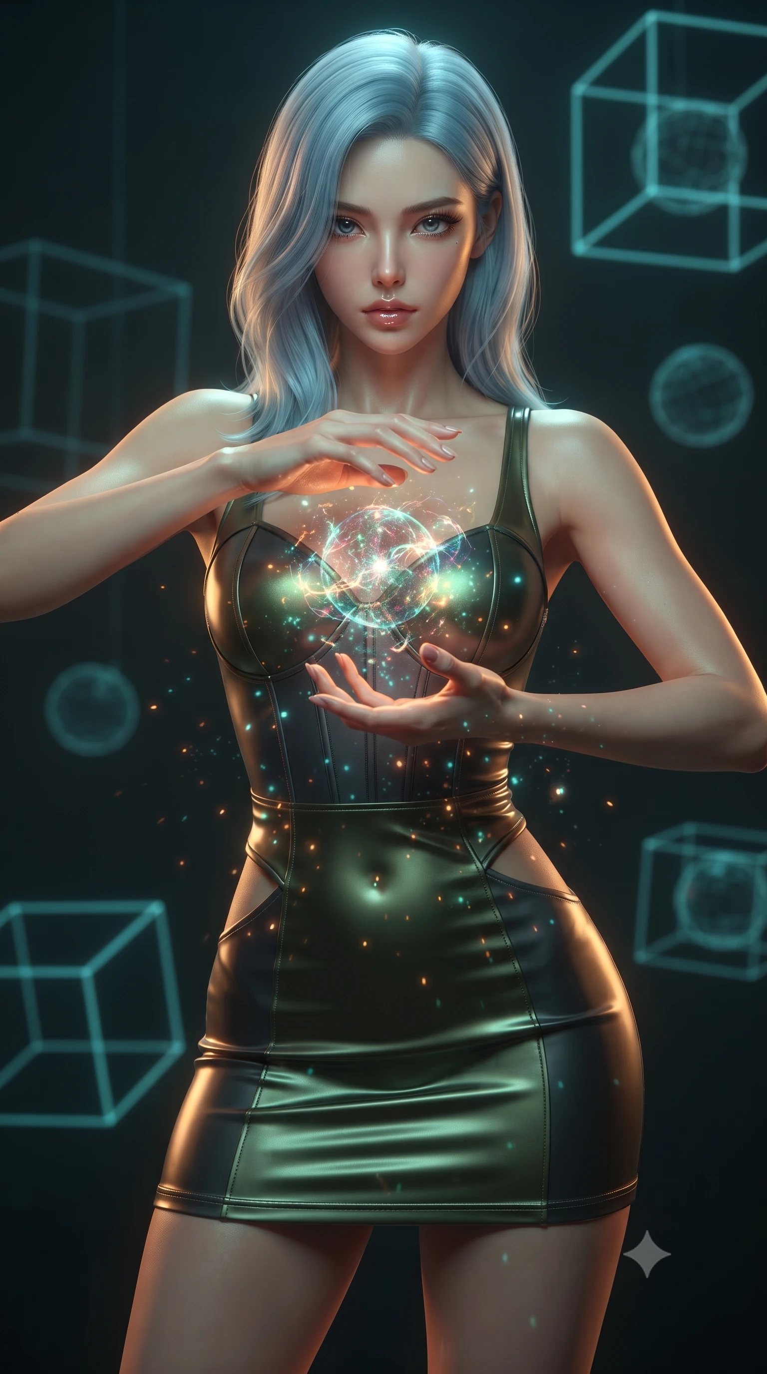 score_9, masterpiece, best quality, ultra-detailed, high-budget anime keyframe, editorial fashion photography, tasteful artistic composition, realistic cosplay photography, Korean woman. close-up cowboy shot from the waist and thighs up, the character dominates the composition, filling the frame with her large presence, background elements kept in soft focus. Channelling a swirling orb of energy between her hands with an intense focused gaze. set against a soft-focus background of a dark dimension defined by glowing cyan wireframe cubes and spheres that float and align geometrically. She has an exceptionally elegant and slender, willowy female figure with an ultra-slim waist, a gracefully sculpted slender torso, and a refined slim physique. sharp v-shaped jawline, high-bridge nose, intricate jewel-like eyes with depth, thick eyelashes, glossy lips with a natural sheen. wearing catching and diffusing the glowing particles, shimmering softly in response to the surrounding light, a body-hugging combat mini dress in dark olive green and charcoal, featuring subtle hip cutouts and a structured bodice. warm amber rim lighting combined with cool teal fill light creating dramatic contrast. ultra-reflective glossy finish, specular highlights, metallic sheen, high-contrast stereoscopic depth, volumetric dynamic lighting, 2k, ultra detail, master piece, 9:16 ratio