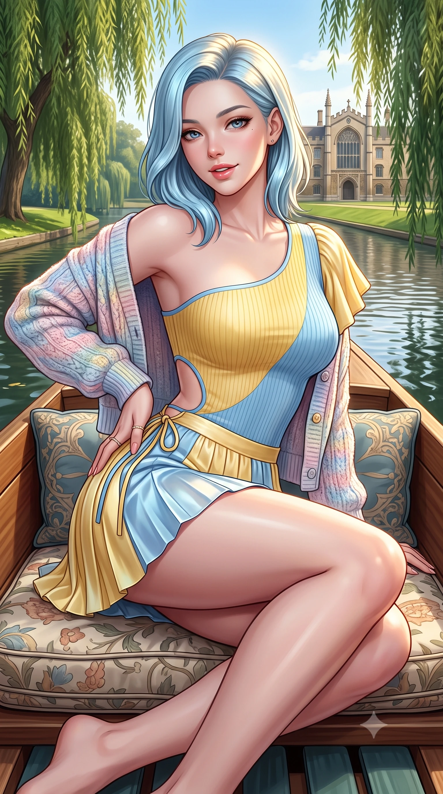score_9, masterpiece, best quality, ultra-detailed, high-budget anime keyframe, semi-realistic 3D game render, editorial fashion photography, tasteful artistic composition, Korean woman. close-up cowboy shot from the waist and thighs up, the character dominates the composition, filling the frame with her large presence. twisting her slender torso in an alluring contrapposto stance, one hand resting on her sculpted hip while flashing a radiant, playful smile with parted glossy lips while sitting on the wooden punting boat cushions moored beneath weeping willows, looking over her shoulder with enchanting, playful bedroom-eyes. The surrounding environment is rendered in vivid detail and crisp panoramic clarity. detailed pastel cardigan texture, golden sun highlights on hair, and Queens' College architecture in high clarity. She has an exceptionally elegant, slender, and willowy female figure with an ultra-slim waist, flat toned midriff, narrow ribcage, and sculpted feminine hips creating an alluring, slim hourglass silhouette without bulk. sharp v-shaped jawline, high-bridge nose, intricate jewel-like sparkling eyes with depth, thick eyelashes, glossy parted lips with a natural peach sheen, bright cheerful beaming smile with an enchanting and coquettish sensual glint, exuding both youthful cute charm and seductive allure, flawlessly proportioned anatomical accuracy, strict slender model proportions, natural body alignment, perfectly sculpted long slender limbs, ultra-slim waistline, clean dynamic posture without body distortion. wearing an asymmetrical one-shoulder ribbed top paired with a micro-pleated skirt with side hip ties in sunny daffodil yellow and clear sky blue, made of smooth fluid silk satin with a delicate pearlescent sheen, featuring elegant flutter sleeves and a graceful square neckline, the precision-cut side openings and low-back scoop framing her graceful spine and the sensual sweep of her slim, toned hips. illuminated by calm river water specular reflections accentuating her sculpted collarbones, ultra-slim waist, and curvy hips. highly saturated vibrant anime colors, detailed shading with soft gradients, rich glossy textures, high-contrast stereoscopic depth, volumetric dynamic lighting, master piece, 9:16 ratio