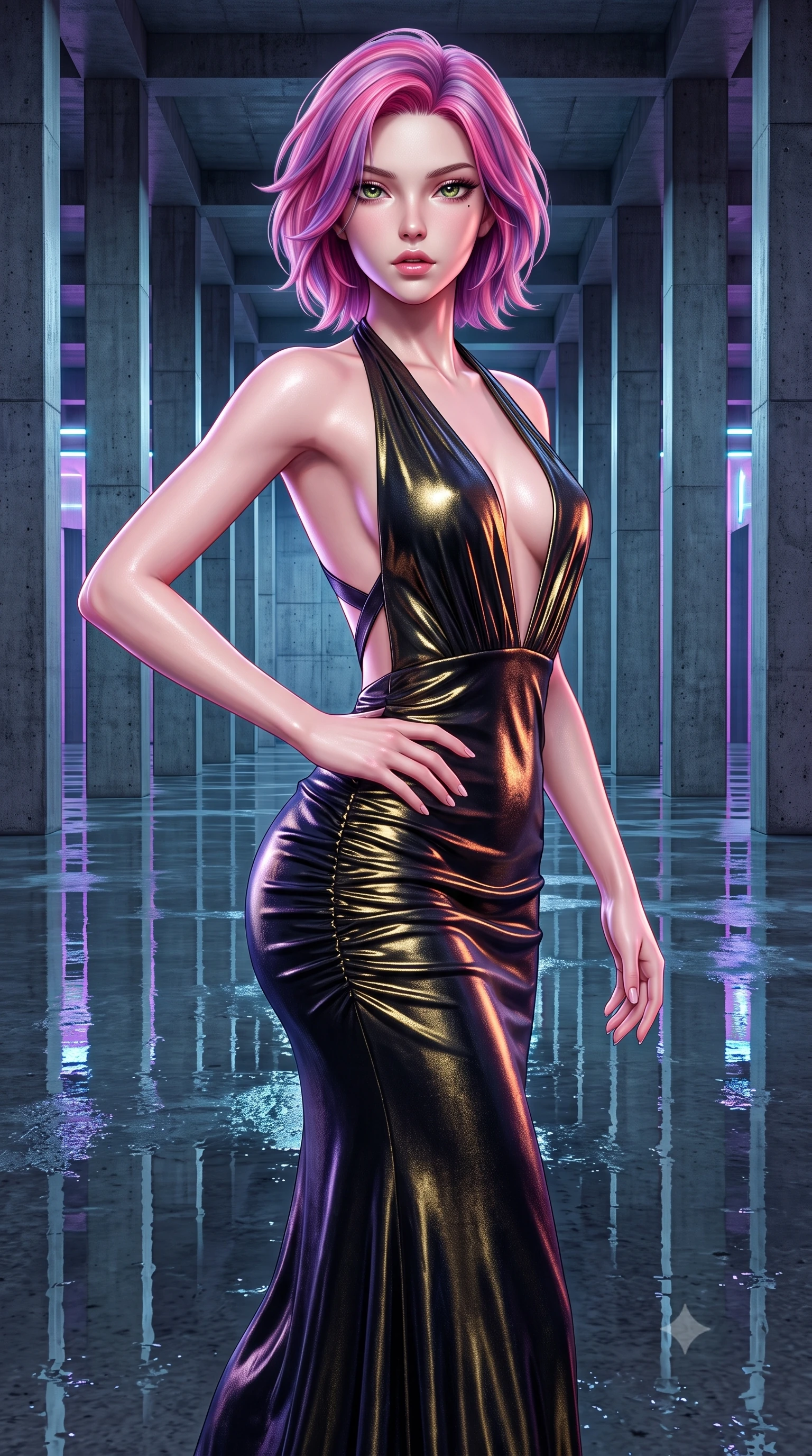 score_9, masterpiece, best quality, ultra-detailed, high-budget anime keyframe, semi-realistic 3D game render, editorial fashion photography, tasteful artistic composition, Caucasian woman. close-up cowboy shot from the waist and thighs up, the character dominates the composition, filling the frame with her large presence. resting one manicured hand delicately on her hip bone, her upper body turning in a fluid, seductive S-curve while parted lips glisten in the light while striding across the reflective wet subterranean floor, her aerodynamic liquid-finish gown clinging to her narrow waist and long slender legs. The surrounding environment is rendered in vivid detail and crisp panoramic clarity. detailed liquid-tight garment sheen, specular skin highlights, and massive concrete column grid clarity in high resolution. She has an exceptionally elegant, slender, and willowy female figure with an ultra-slim waist, flat toned midriff, narrow ribcage, and sculpted feminine hips creating an alluring, slim hourglass silhouette without bulk. sharp v-shaped jawline, high-bridge nose, intricate jewel-like eyes with depth, thick eyelashes, glossy parted lips with a natural sheen, intensely captivating and seductive bedroom-eyes expression, flawlessly proportioned anatomical accuracy, strict slender model proportions, natural body alignment, perfectly sculpted long slender limbs, ultra-slim waistline, clean dynamic posture without body distortion. wearing a plunging halter-neck metallic lamé column dress with a dramatic bare spine and hip-defining ruching in midnight obsidian black and liquid gold, crafted from heavyweight crushed silk velvet with liquid vintage luster, finished with criss-cross back satin straps highlighting her graceful shoulder blades, the second-skin form-contouring cut accentuating her sculpted flat midriff, narrow delicate ribcage, and gracefully curvy hips with supermodel precision. illuminated by wet floor specular reflections sharply carving her razor-sharp jawline, narrow waist, and curvy hips. highly saturated vibrant anime colors, detailed shading with soft gradients, rich glossy textures, high-contrast stereoscopic depth, volumetric dynamic lighting, master piece, 9:16 ratio