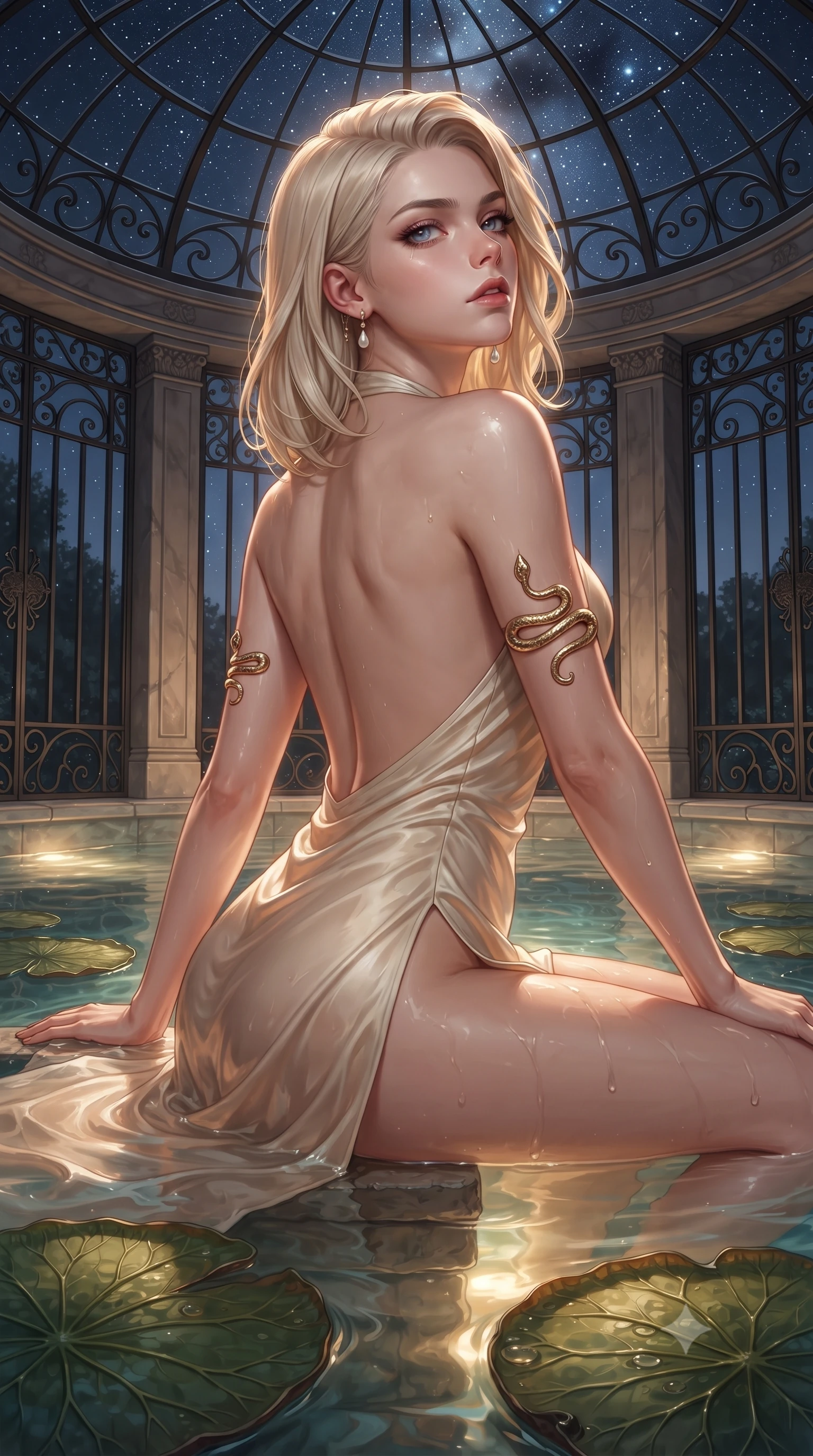 score_9, masterpiece, best quality, ultra-detailed, high-budget anime keyframe, editorial fashion photography, tasteful artistic composition, Caucasian woman. close-up cowboy shot from the waist and thighs up, the character dominates the composition, filling the frame with her large presence. twisting her slender torso in a deep contrapposto stance, hips dramatically shifted to accentuate her feminine curves while looking past her shoulder with smoldering bedroom-eyes while resting on a submerged stone bench as warm water laps at her waist, head tilted back toward the starry glass dome with parted lips. The surrounding environment is rendered in vivid detail and crisp panoramic clarity. sharp water surface tension rings, giant lily pad vein textures, and wrought-iron window frames in deep focus. She has an exceptionally elegant, slender, and willowy female figure with an ultra-slim waist, a gracefully sculpted slender torso, toned flat midriff, and rounded feminine hips creating an alluring hourglass silhouette. sharp v-shaped jawline, high-bridge nose, intricate jewel-like eyes with depth, thick eyelashes, glossy parted lips with a natural sheen, intensely captivating and seductive bedroom-eyes expression, flawlessly proportioned anatomical accuracy, strict slender model proportions, natural body alignment, perfectly sculpted long slender limbs, ultra-slim waistline, clean dynamic posture without body distortion. wearing a sun-drenched halter wrap dress with a daring open back and breezy high side slit ascending to the hip in radiant champagne and soft sunlight cream, tailored from smooth liquid silk satin adhering seamlessly to her wet skin, complemented by sculpted gold serpent armlets and pearl drop earrings, the precision-cut side openings and low-back scoop framing her graceful spine and the sensual sweep of her hips. illuminated by wet specular highlights accentuating her slender neckline, sculpted waist, and rounded hips. ultra-reflective glossy finish, specular highlights, rich textural contrasts, high-contrast stereoscopic depth, volumetric dynamic lighting, 2k, ultra detail, master piece, 9:16 ratio