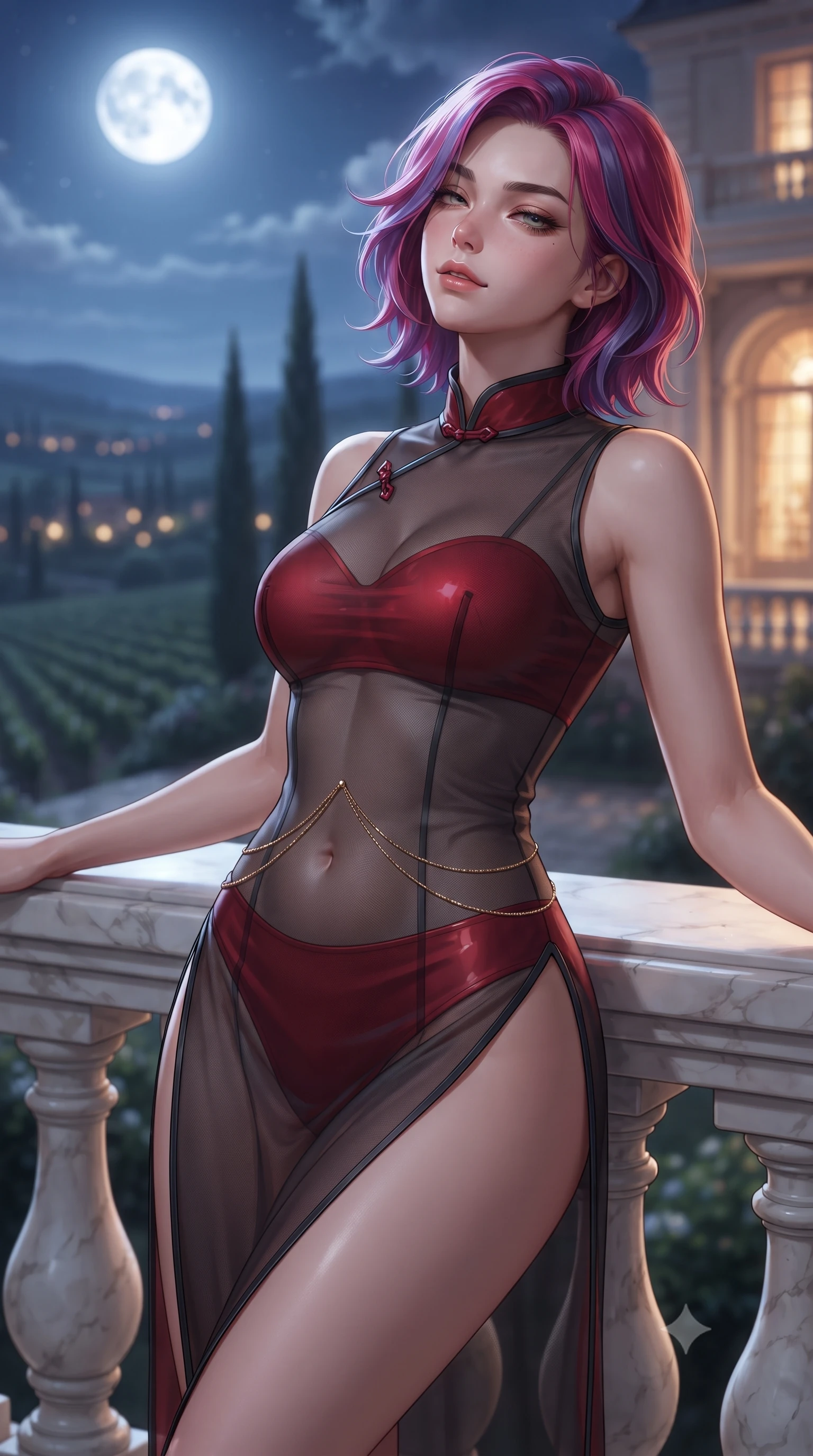 score_9, masterpiece, best quality, ultra-detailed, high-budget anime keyframe, editorial fashion photography, tasteful artistic composition, Caucasian woman. close-up cowboy shot from the waist and thighs up, the character dominates the composition, filling the frame with her large presence. leaning back against the balustrade with relaxed seductive grace, head tilted back slightly while casting a hypnotic, heavy-lidded gaze while leaning against the carved marble parapet with hips cocked back, looking out into the moonlit cypress valley with a seductive half-smile. The background shows a soft-focus endless rolling vineyards under a brilliant silver full moon, silhouettes of slender cypress trees, and twinkling village lights blurred into indigo, silver, and amber bokeh. She has an exceptionally elegant, slender, and willowy female figure with an ultra-slim waist, flat toned midriff, narrow ribcage, and sculpted feminine hips creating an alluring, slim hourglass silhouette without bulk. sharp v-shaped jawline, high-bridge nose, sparkling eyes with hypnotic seductive depth, thick curled eyelashes, glossy parted lips with a natural dewy peach sheen, alluring bedroom-eyes with an enchanting coquettish smile, exuding magnetic siren charisma and sophisticated glamour, flawlessly proportioned anatomical accuracy, strict slender model proportions, natural body alignment, perfectly sculpted long slender limbs, ultra-slim waistline, clean dynamic posture without body distortion. wearing a modern cheongsam-inspired sheer mesh dress with high mandarin collar and daring hip-high double side slits in rich cherry lacquer and smoky charcoal, tailored from fine structural neoprene with crisp architectural edges and smooth contouring, accented with a dainty gold belly chain resting across her flat midriff and curving hips, the form-contouring silhouette accentuating her sculpted flat midriff, narrow delicate ribcage, and gracefully curvy hips with intoxicating allure. bathed in cool silver full moonlight streaming from the open sky mixed with warm 2800K light spilling from the chateau grand ballroom. ultra-reflective glossy finish, specular highlights, rich textural contrasts, high-contrast stereoscopic depth, volumetric dynamic lighting, 2k, ultra detail, master piece, 9:16 ratio