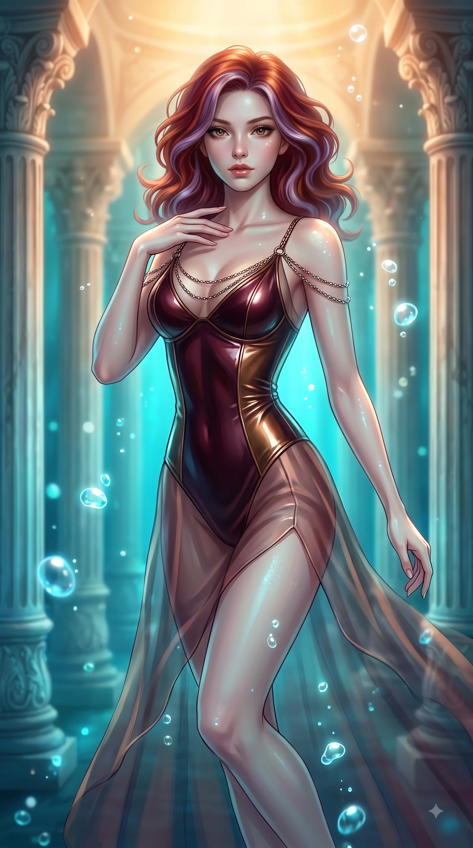 score_9, masterpiece, best quality, ultra-detailed, high-budget anime keyframe, editorial fashion photography, tasteful artistic composition, Caucasian woman. close-up cowboy shot from the waist and thighs up, the character dominates the composition, filling the frame with her large presence, background elements kept in soft focus. Pivoting her torso in an alluring S-curve alignment, one hand gently tracing her collarbone with poise while swimming gracefully in an alluring underwater pose through a sunken marble colonnade, rising bioluminescent bubbles casting soft pearl-like highlights on her athletic build. She has an exceptionally elegant, slender, and willowy female figure with an ultra-slim waist, a gracefully sculpted slender torso, and a refined silhouette. sharp v-shaped jawline, high-bridge nose, intricate jewel-like eyes with depth, thick eyelashes, glossy lips with a natural sheen, flawlessly proportioned anatomical accuracy, natural body alignment, perfectly sculpted elegant limbs, clean dynamic posture without body distortion. wearing a semi-opaque sheer overlay dress over a leather micro-bodysuit in deep burgundy and bronze, tailored from high-gloss patent leather, adorned with delicate metallic chain straps along the neckline, the form-contouring material highlighting her ultra-slim waist and long lines. illuminated by luminous aqua bioluminescence and warm golden top lighting. ultra-reflective glossy finish, specular highlights, metallic sheen, high-contrast stereoscopic depth, volumetric dynamic lighting, 2k, ultra detail, master piece, 9:16 ratio