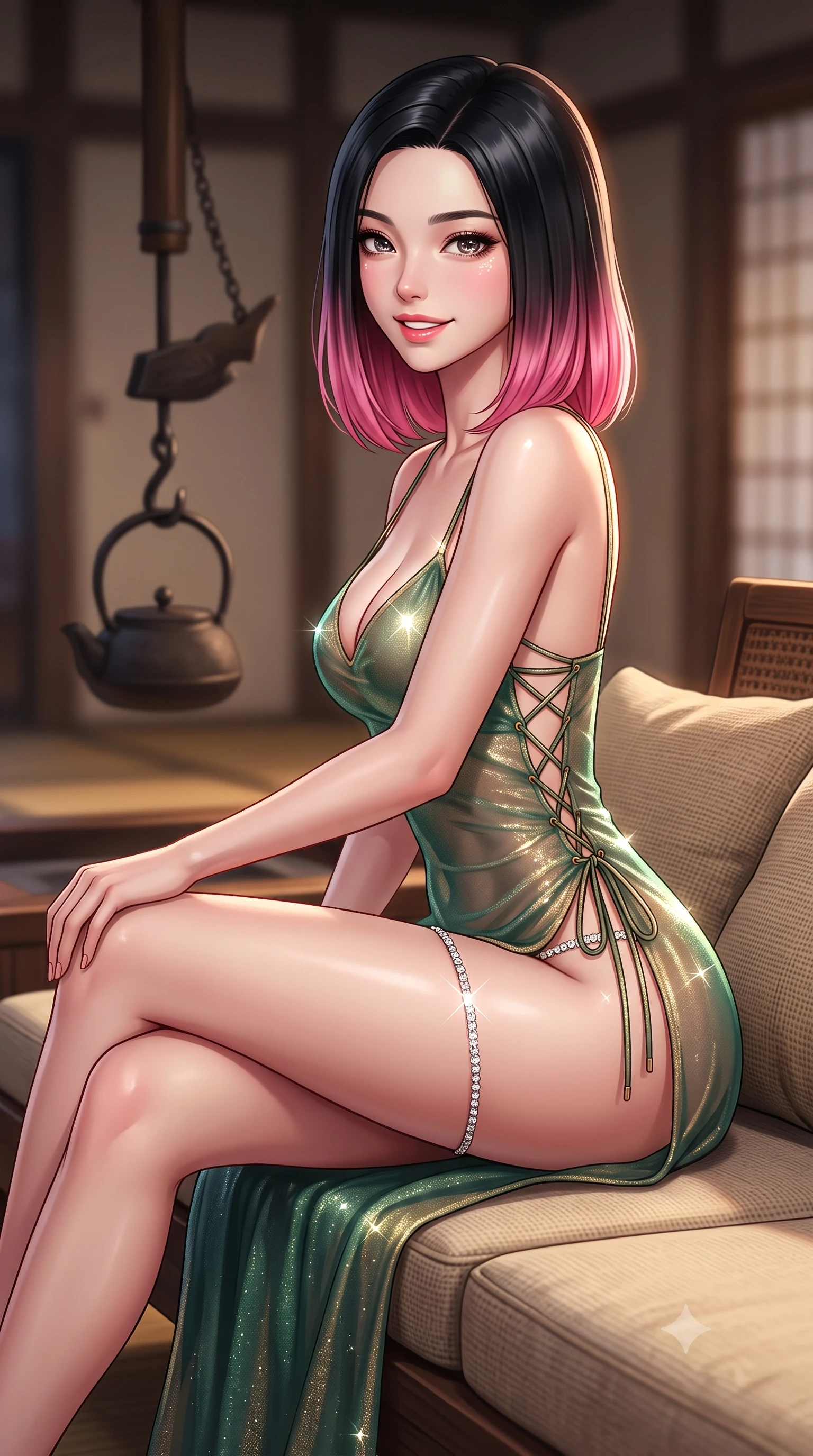score_9, masterpiece, best quality, ultra-detailed, high-budget anime keyframe, semi-realistic 3D game render, editorial fashion photography, tasteful artistic composition, Korean woman. close-up cowboy shot from the waist and thighs up, the character dominates the composition, filling the frame with her large presence. perched sideways on the lounge seat, one knee drawn up to showcase her slender leg line while her arched back accentuates her feminine hip curve while sitting gracefully in a relaxed side drape on the plush woven cushions, flashing an enchanting smile with parted glossy lips. The background shows a soft-focus hanging wrought-iron kettle hook softened in Edo period historic mountain waystation shallow focus. She has an exceptionally elegant, slender, and willowy female figure with an ultra-slim waist, flat toned midriff, narrow ribcage, and sculpted feminine hips creating an alluring, slim hourglass silhouette without bulk. sharp v-shaped jawline, high-bridge nose, intricate jewel-like sparkling eyes with depth, thick eyelashes, glossy parted lips with a natural peach sheen, bright cheerful beaming smile with an enchanting and coquettish sensual glint, exuding both youthful cute charm and seductive allure, flawlessly proportioned anatomical accuracy, strict slender model proportions, natural body alignment, perfectly sculpted long slender limbs, ultra-slim waistline, clean dynamic posture without body distortion. wearing an alluring sheer gossamer slip dress with side lace-up corset ties revealing glimpses of her hip curve in French Concession jade green and gilded bronze, woven from stretch metallic lurex jersey casting radiant starlight glints across her curves, finished with delicate crystal-encrusted thigh garter straps glinting in the dim light, the glove-like clinging cut tightly following the natural contour of her hips and long slender legs with youthful 8.5-heads elegance. illuminated by polished floor bounce and sharp copper-gold rim lights defining her razor-sharp jawline, narrow waist, and curvy hips. highly saturated vibrant anime colors, detailed shading with soft gradients, rich glossy textures, high-contrast stereoscopic depth, volumetric dynamic lighting, master piece, 9:16 ratio