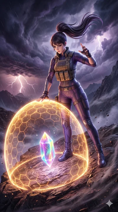 semi-realistic 3D game render, high-fidelity textures, Unreal Engine 5 style, Caucasian woman. Dynamic full-body shot stretching the vertical silhouette with extreme perspective. activating a protective energy dome to shield a glowing crystal during 