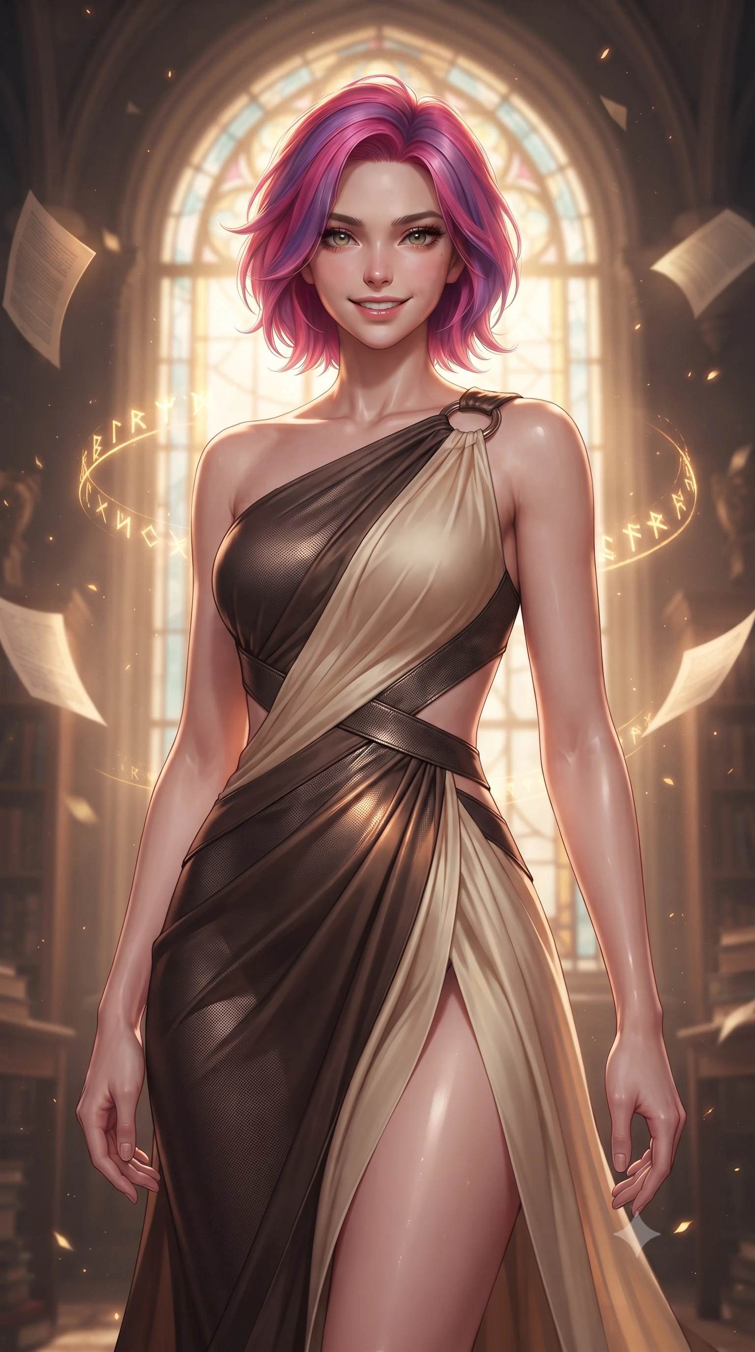 score_9, masterpiece, best quality, ultra-detailed, high-budget anime keyframe, editorial fashion photography, tasteful artistic composition, Caucasian woman. close-up cowboy shot from the waist and thighs up, the character dominates the composition, filling the frame with her large presence, background elements kept in soft focus. Smiling with quiet, magnetic self-assurance directly into the lens poised before a giant arched stained glass window in an antique book hall, floating paper pages and glowing magic runes hovering in the quiet air. She has an exceptionally elegant, slender, and willowy female figure with an ultra-slim waist, a gracefully sculpted slender torso, and a refined silhouette. sharp v-shaped jawline, high-bridge nose, intricate jewel-like eyes with depth, thick eyelashes, glossy lips with a natural sheen. wearing an asymmetrical Grecian draped chiffon gown with a metallic shoulder ring in espresso brown and warm cream, made of fine carbon-fiber weave and soft matte leather, featuring subtle geometric cutouts that highlight her ultra-slim midriff, the tailored fabric tightly following every curve of her athletic build. bathed in warm dusty sunbeams and golden inner glow from floating pages. ultra-reflective glossy finish, specular highlights, metallic sheen, high-contrast stereoscopic depth, volumetric dynamic lighting, 2k, ultra detail, master piece, 9:16 ratio