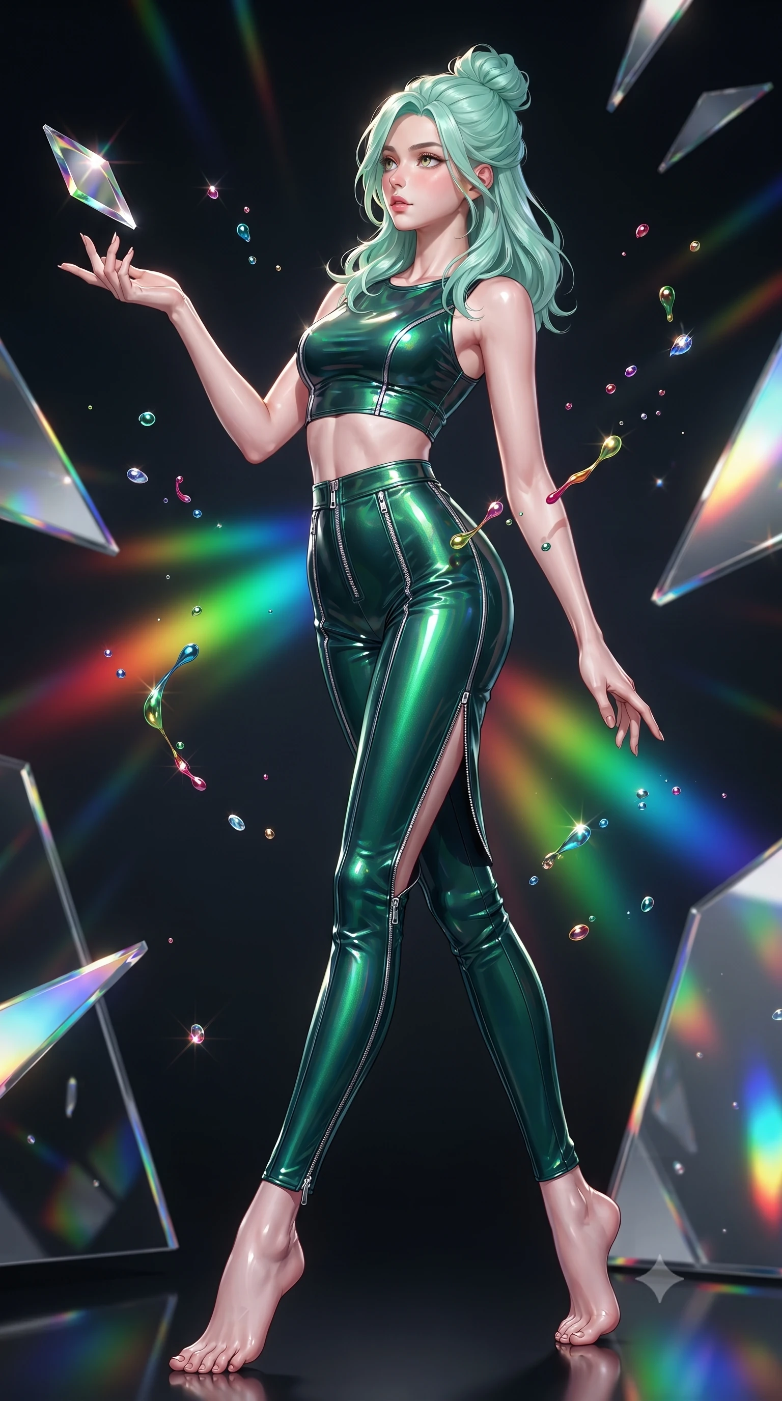 score_9, masterpiece, best quality, ultra-detailed, high-budget anime keyframe, editorial fashion photography, tasteful artistic composition, Japanese woman. low angle full-body shot from head to toe showing her feet, filling the entire 9:16 vertical frame with her statuesque presence, stretching her vertical silhouette. pivoting dynamically in zero-gravity with fluid body alignment, displaying her perfect model proportions while reaching out to touch a hovering mirror petal catching bright studio spotlights, vibrant paint droplets frozen in time casting specular highlights. She has an absolutely perfect, statuesque 8.5-heads proportion, an exceptionally tall and slender model-like female figure with impossibly long slender legs and an ultra-slim waist. sharp v-shaped jawline, high-bridge nose, intricate jewel-like eyes with depth, thick eyelashes, glossy lips with a natural sheen, flawlessly proportioned anatomical accuracy, natural body alignment, perfectly sculpted elegant limbs, clean dynamic posture without body distortion. wearing a glossy vinyl crop top and high-waist tailored leggings with sleek zippers in deep emerald green and silver accent, tailored from high-gloss patent leather, finished with a sleek side slit ascending to mid-thigh, the form-contouring material highlighting her ultra-slim waist and long lines. bathed in brilliant multi-color rainbow light refracting through mirror fragments. ultra-reflective glossy finish, specular highlights, metallic sheen, high-contrast stereoscopic depth, volumetric dynamic lighting, 2k, ultra detail, master piece, 9:16 ratio