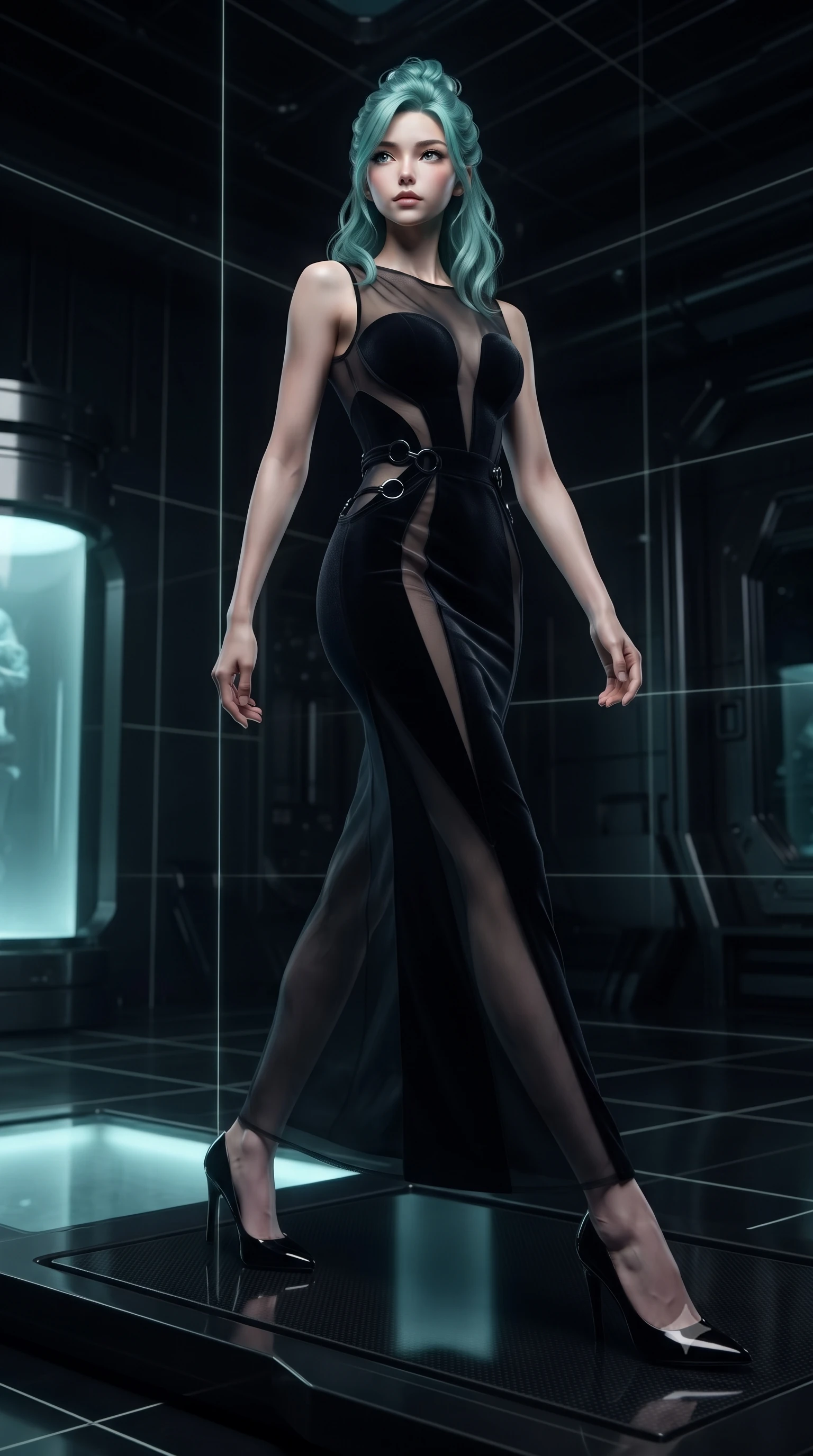 score_9, masterpiece, best quality, ultra-detailed, high-budget anime keyframe, editorial fashion photography, tasteful artistic composition, Japanese woman. low angle full-body shot from head to toe showing her feet, filling the entire 9:16 vertical frame with her statuesque presence, stretching her vertical silhouette. navigating the midnight sanctuary with an effortless, graceful stride, poised on a dark carbon-fiber platform while laser calibration grids scan the room, glowing cyan stasis fluid casting ethereal inner glow through dark glass. She has an absolutely perfect, statuesque 8.5-heads proportion, an exceptionally tall and slender model-like female figure with impossibly long slender legs and an ultra-slim waist. sharp v-shaped jawline, high-bridge nose, intricate jewel-like eyes with depth, thick eyelashes, glossy lips with a natural sheen. wearing sculpted form-fitting dark velvet column gown in pitch black in pitch-black onyx, made of sheer dark organza overlay, trimmed with dark chrome ring hardware along the waist contours, the fitted fabric emphasizing her ultra-slim waist. bathed in high-contrast matte black shadows and crisp specular highlights. ultra-reflective glossy finish, specular highlights, metallic sheen, high-contrast stereoscopic depth, volumetric dynamic lighting, 2k, ultra detail, master piece, 9:16 ratio