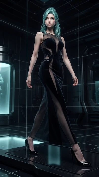 score_9, masterpiece, best quality, ultra-detailed, high-budget anime keyframe, editorial fashion photography, tasteful artistic composition, Japanese woman. low angle full-body shot from head to toe showing her feet, filling the entire 9:16 vertical