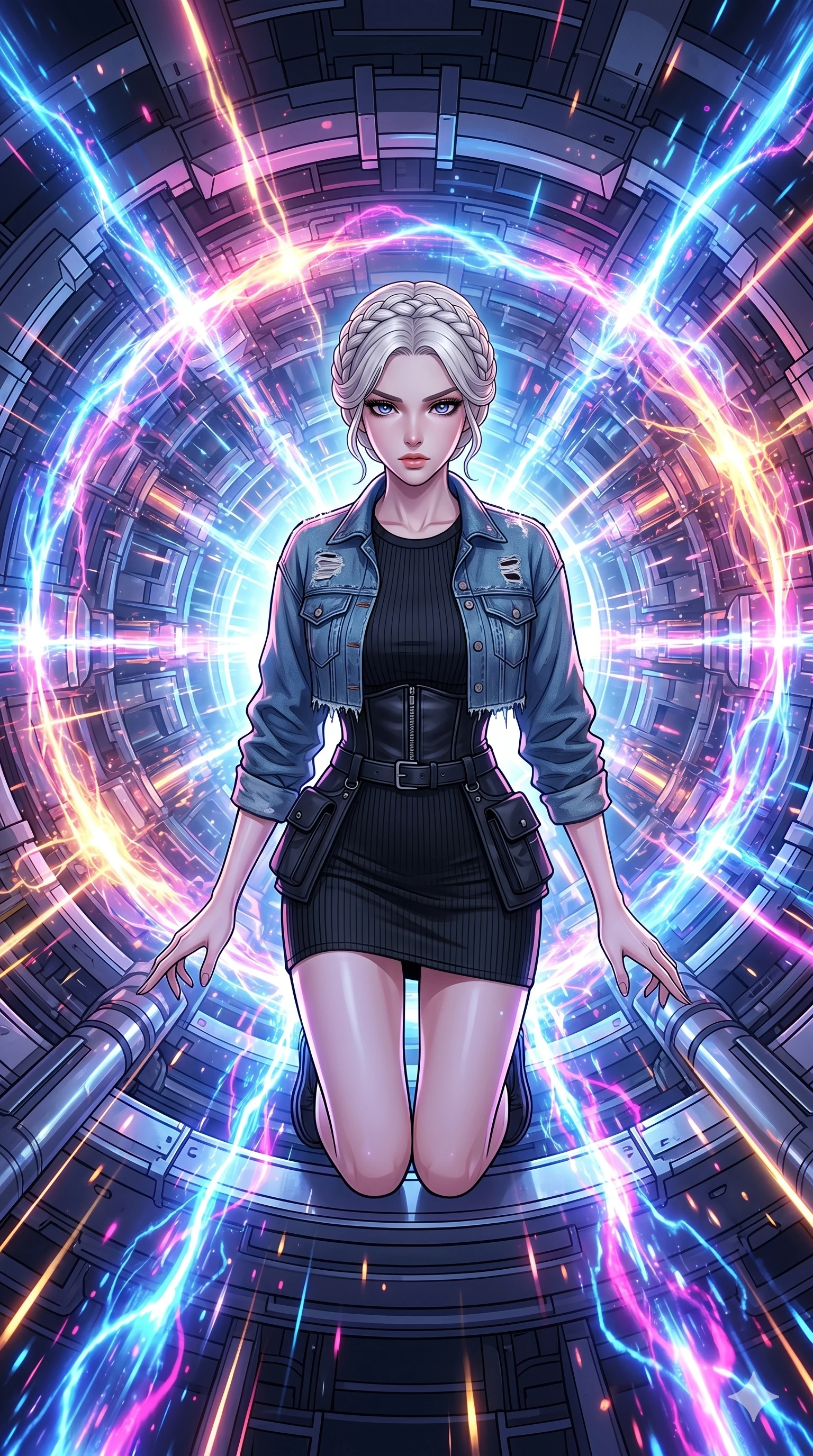 score_9, masterpiece, best quality, ultra-detailed, high-budget anime movie keyframe, cinematic anime lighting, intricate line art, Korean woman. Dynamic full-body shot stretching the vertical silhouette with extreme perspective. kneeling in the center of a particle accelerator as it reaches peak power. She has an absolutely perfect 8-heads proportion, an exceptionally tall and slender female figure with graceful and slender proportions. strictly human anatomy, two legs only, no extra limbs, clearly defined legs and arms, perfect anatomy, perfect hands and fingers. sharp v-shaped jawline, high-bridge nose, intricate jewel-like eyes, thick eyelashes, glossy lips. Wearing Urban Trendsetter: Ribbed bodycon dress, crop top with high-waist denim, and elegant corset with cargo pants. The scene is illuminated by dramatic atmospheric lighting and vibrant color palettes. , 2k, ultra detail, master piece, 9:16 ratio