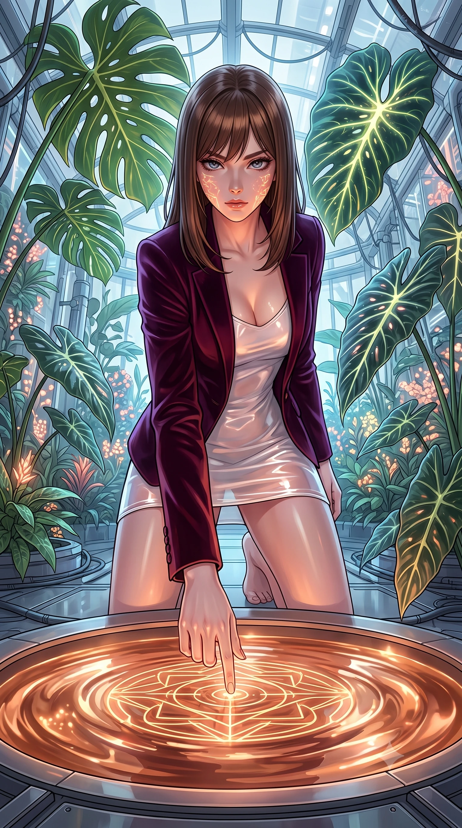 score_9, masterpiece, best quality, ultra-detailed, High-budget Anime Keyframe, East Asian woman. Low angle cowboy shot filling the entire 9:16 frame with her statuesque presence. Scenario 528: tracing geometric patterns in a pool of warm liquid copper inside a cybernetic greenhouse filled with giant glowing tropical leaves. Her presence is magnetic and overpowering in this high-budget anime scene. Outfit 528: a slim-fit pearl white translucent PVC slip dress layered under a structured velvet blazer. The clothing is designed to emphasize her exceptionally tall and slender 8-heads proportion. 8-heads proportion, towering silhouette, ultra-slim waist. sharp v-shaped jawline, intricate jewel-like eyes with depth, thick eyelashes, glossy lips. 2k, ultra detail, master piece, 9:16 ratio