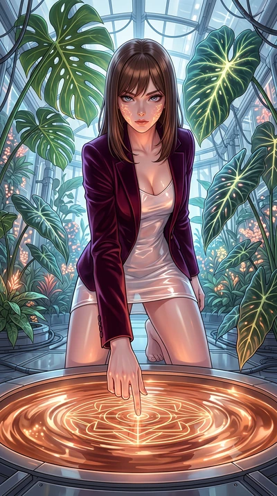 score_9, masterpiece, best quality, ultra-detailed, High-budget Anime Keyframe, East Asian woman. Low angle cowboy shot filling the entire 9:16 frame with her statuesque presence. Scenario 528: tracing geometric patterns in a pool of warm liquid copp