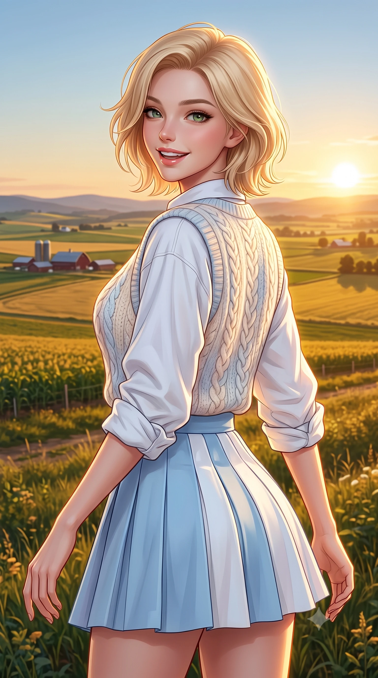 score_9, masterpiece, best quality, ultra-detailed, high-budget anime keyframe, semi-realistic 3D game render, editorial fashion photography, tasteful artistic composition, Caucasian woman. close-up cowboy shot from the waist and thighs up, the character dominates the composition, filling the frame with her large presence. smiling warmly with slightly parted glossy lips and a lovely expression, her upper body turning dynamically toward the camera while turning back with a playful, joyful laugh as the setting sun creates a golden halo around her lovely silhouette. The surrounding environment is rendered in vivid detail and crisp panoramic clarity. warm high-contrast golden hour chiaroscuro and expansive agricultural countryside in precision. She has an exceptionally elegant, slender, and willowy female figure with an ultra-slim waist, a gracefully sculpted slender torso, toned flat midriff, and a refined slim silhouette. sharp v-shaped jawline, high-bridge nose, intricate jewel-like eyes with depth, thick eyelashes, glossy lips with a natural sheen, pure and lovely fresh girlhood expression, flawlessly proportioned anatomical accuracy, strict slender model proportions, natural body alignment, perfectly sculpted long slender limbs, ultra-slim waistline, clean dynamic posture without body distortion. wearing a cozy cable-knit sweater vest layered over an oversized crisp white shirt and a pleated tennis skirt in gentle baby blue and cloud white, tailored from soft pastel lightweight wool blend with subtle texture, finished with neat natural wooden buttons and patch pocket details, the body-hugging lightweight knit clinging delicately to her slender torso, accentuating her graceful neck and feminine lines. surrounded by a heartwarming, radiant, and delightfully sunny countryside princess aura. highly saturated vibrant anime colors, detailed shading with soft gradients, rich glossy textures, high-contrast stereoscopic depth, volumetric dynamic lighting, master piece, 9:16 ratio
