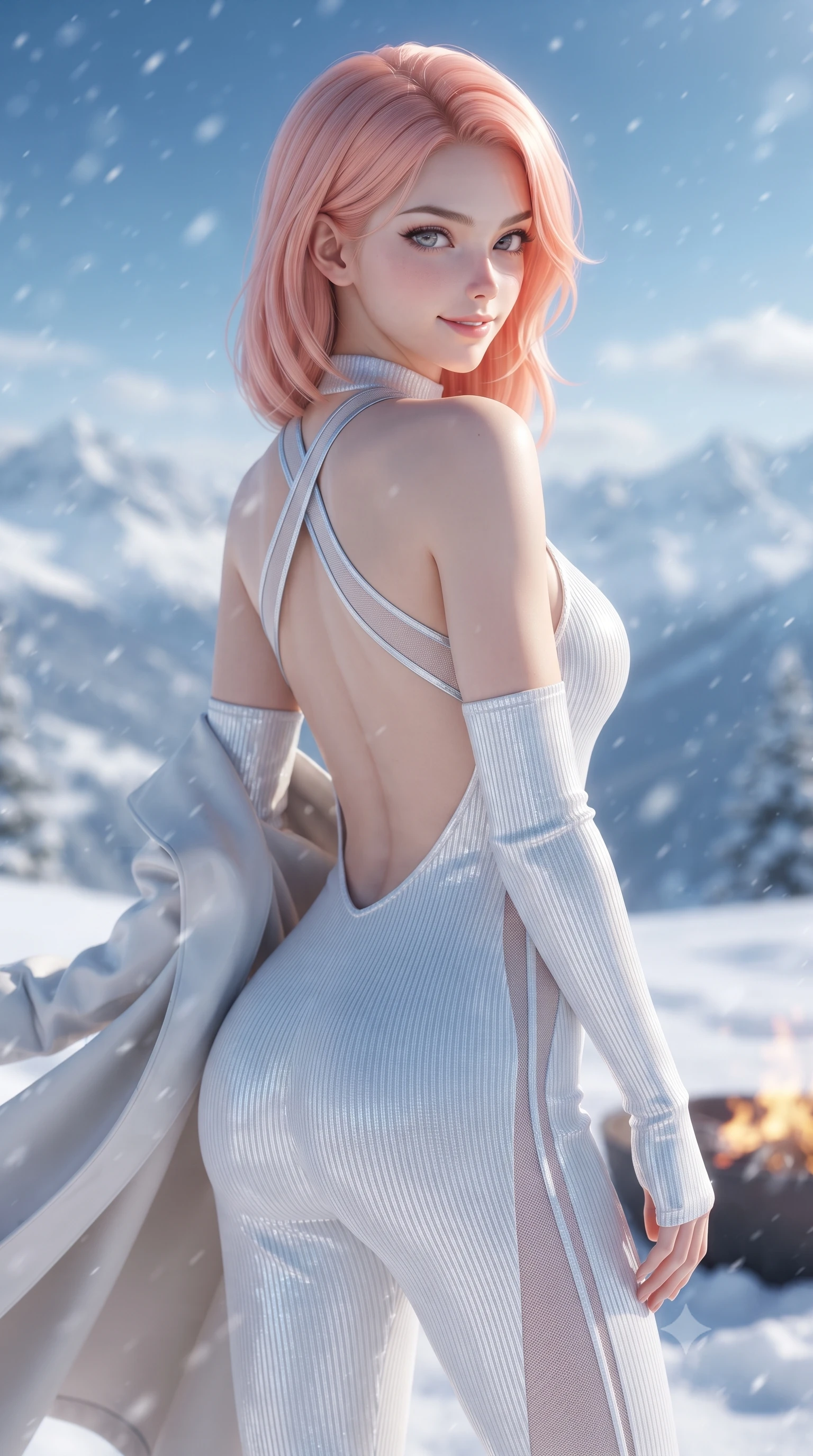 score_9, masterpiece, best quality, ultra-detailed, high-budget anime keyframe, editorial fashion photography, tasteful artistic composition, Japanese woman. close-up cowboy shot from the waist and thighs up, the character dominates the composition, filling the frame with her large presence. turning over a bare shoulder with an intoxicating, teasing smile, her soft hair framing her sharp jawline as she looks back while striding through the fresh powder snow with sovereign elegance, arching her back as mountain winds flutter her open coat. The composition keeps background elements in soft focus with creamy bokeh. panoramic snow-capped mountain peaks and drifting blizzard flakes blurred into soft cerulean, slate-blue, and crystal-white bokeh. She has an exceptionally elegant, slender, and willowy female figure with an ultra-slim waist, a gracefully sculpted slender torso, toned flat midriff, and a refined slim silhouette. sharp v-shaped jawline, high-bridge nose, intricate jewel-like eyes with depth, thick eyelashes, glossy parted lips with a natural sheen, intensely captivating and seductive expression, flawlessly proportioned anatomical accuracy, strict slender model proportions, natural body alignment, perfectly sculpted long slender limbs, ultra-slim waistline, clean dynamic posture without body distortion. wearing a snug ribbed knit halter-neck catsuit with an open back and matching detachable arm warmers in crystalline holographic opal and pure white, made of thermal technical mesh with sheer ventilation panels, finished with a dramatic open back framed by criss-cross silver elastic straps, the snug thermal second-skin fit accentuating her razor-sharp statuesque lines and slim hourglass silhouette amidst the cold snow. bathed in crisp alpine blue sky ambient fill and warm roaring fire pit uplights. ultra-reflective glossy finish, specular highlights, rich textural contrasts, high-contrast stereoscopic depth, volumetric dynamic lighting, 2k, ultra detail, master piece, 9:16 ratio