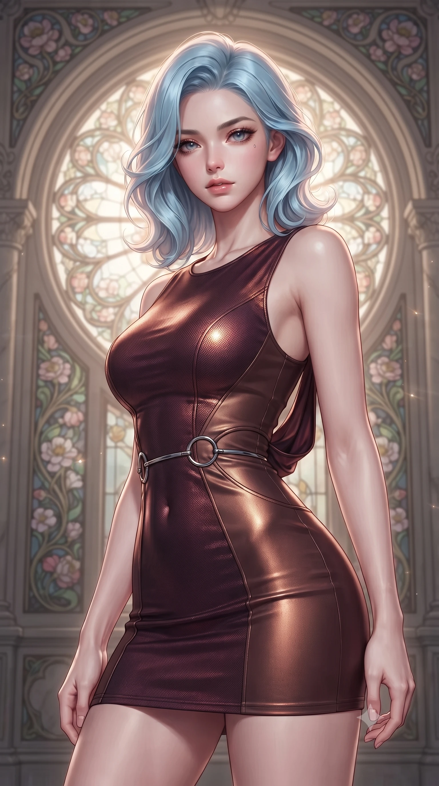 score_9, masterpiece, best quality, ultra-detailed, high-budget anime keyframe, editorial fashion photography, tasteful artistic composition, Korean woman. close-up cowboy shot from the waist and thighs up, the character dominates the composition, filling the frame with her large presence, background elements kept in soft focus. Leaning slightly forward with a composed, seductive gaze under soft glowing light standing before a monumental Art Nouveau stained glass rose window, intricate floral Art Nouveau motifs decorating the surrounding stone. She has an exceptionally elegant, slender, and willowy female figure with an ultra-slim waist, a gracefully sculpted slender torso, and a refined silhouette. sharp v-shaped jawline, high-bridge nose, intricate jewel-like eyes with depth, thick eyelashes, glossy lips with a natural sheen. wearing a precision-fitted liquid jersey bodycon dress with a draped back in deep burgundy and bronze, made of fine carbon-fiber weave and soft matte leather, accented with delicate chrome ring hardware framing her waist, the elegant draped fit framing her graceful clavicle and slender torso. surrounded by a glowing divine aura of sunbeams and incense radiance. ultra-reflective glossy finish, specular highlights, metallic sheen, high-contrast stereoscopic depth, volumetric dynamic lighting, 2k, ultra detail, master piece, 9:16 ratio