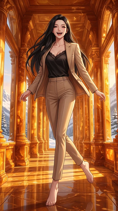 score_9, masterpiece, best quality, ultra-detailed, high-budget anime keyframe, editorial fashion photography, tasteful artistic composition, Korean woman. low angle full-body shot from head to toe showing her feet, filling the entire 9:16 vertical f