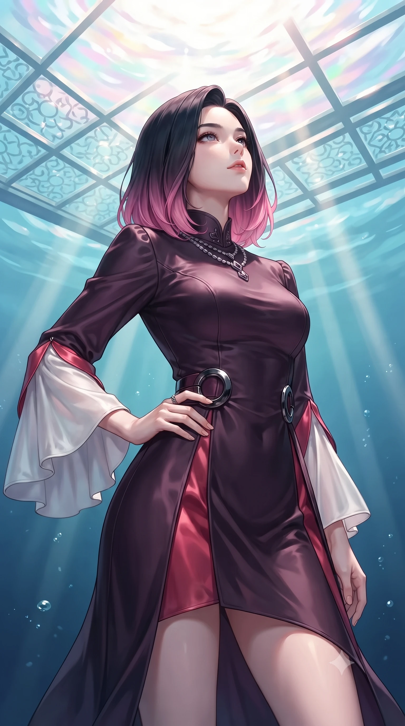 score_9, masterpiece, best quality, ultra-detailed, high-budget anime keyframe, editorial fashion photography, tasteful artistic composition, Korean woman. close-up cowboy shot from the waist and thighs up, the character dominates the composition, filling the frame with her large presence, background elements kept in soft focus. Holding a confident power pose with one hand on her hip, looking up at the sunlit water surface with a calm, serene expression, glass ceiling reflecting bright ocean light in soft-focus pastel spectrums. She has an exceptionally elegant, slender, and willowy female figure with an ultra-slim waist, a gracefully sculpted slender torso, and a refined silhouette. sharp v-shaped jawline, high-bridge nose, intricate jewel-like eyes with depth, thick eyelashes, glossy lips with a natural sheen. wearing gothic high-collar dark plum silk evening gown with bell sleeves in pearl white, made of soft crimson satin, accented with sculpted obsidian chrome rings at the waist, following her slender form with tailored precision. lit by clear sunbeams penetrating ocean depths with soft shadows. highly saturated vibrant anime colors, detailed shading with soft gradients, rich glossy textures, high-contrast stereoscopic depth, volumetric dynamic lighting, master piece, 9:16 ratio