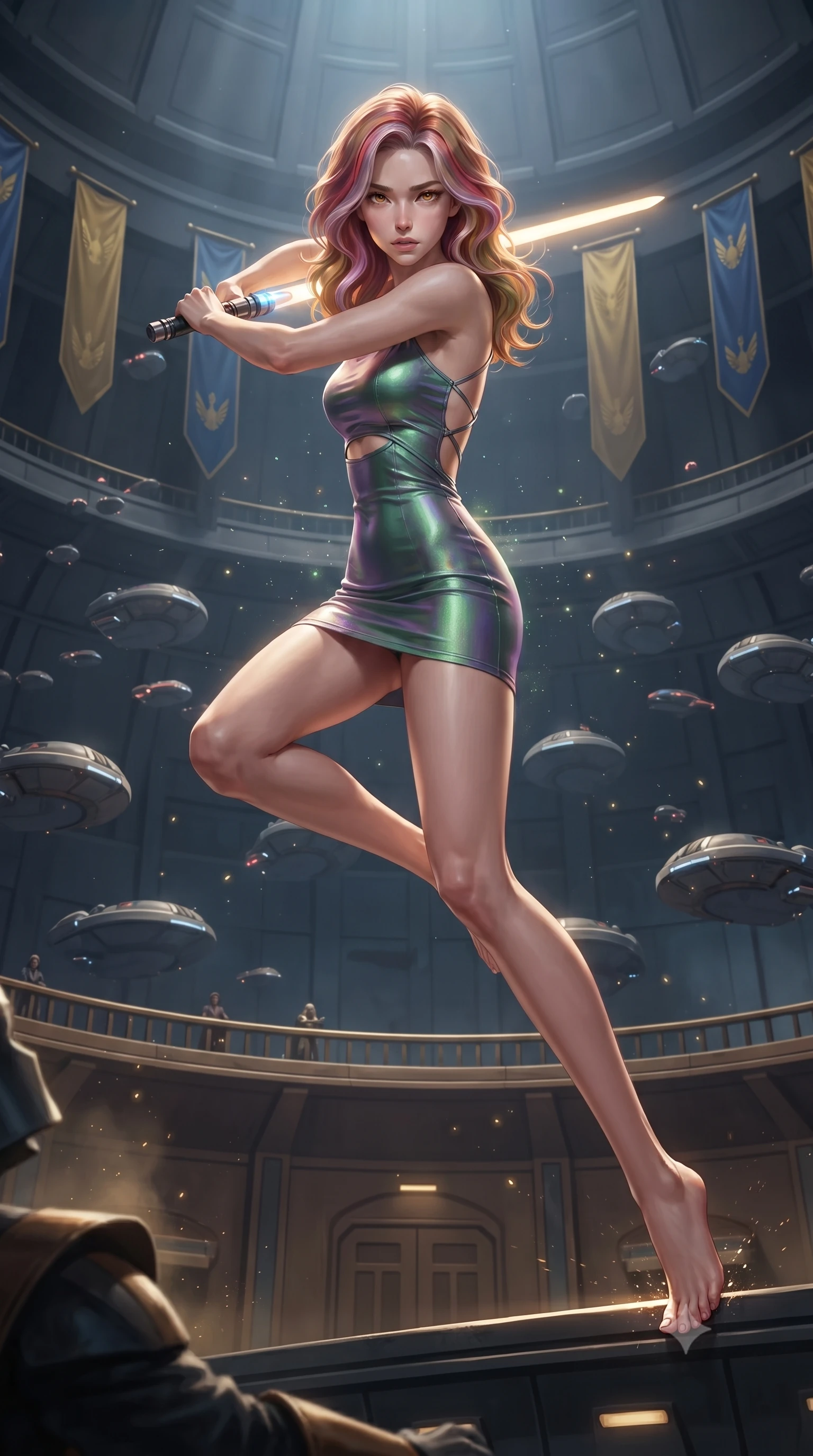score_9, masterpiece, best quality, ultra-detailed, high-budget anime keyframe, editorial fashion photography, tasteful artistic composition, realistic cosplay photography, Caucasian woman, strictly human ears. low angle full-body shot from head to toe showing her feet, filling the entire 9:16 vertical frame with her statuesque presence, stretching her vertical silhouette. leaping aggressively down onto an enemy platform with her energy blade drawn to strike within a balcony overlooking a colossal circular senate chamber filled with floating repulsor-pods, gold and blue banners hanging. She has a statuesque 8.5-heads proportion, an exceptionally tall, slender and willowy model-like build with impossibly long legs and a highly sculpted ultra-slim waist. sharp v-shaped jawline, high-bridge nose, intricate jewel-like eyes with depth, thick eyelashes, glossy lips with a natural sheen. wearing catching and diffusing the glowing particles, shimmering softly in response to the surrounding light, a form-contouring bodycon mini dress in an iridescent forest green and violet gradient, with a waist cutout and a strappy back. dramatic chiaroscuro with a single golden key light sculpting her silhouette. ultra-reflective glossy finish, specular highlights, metallic sheen, high-contrast stereoscopic depth, volumetric dynamic lighting, 2k, ultra detail, master piece, 9:16 ratio