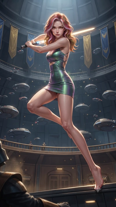 score_9, masterpiece, best quality, ultra-detailed, high-budget anime keyframe, editorial fashion photography, tasteful artistic composition, realistic cosplay photography, Caucasian woman, strictly human ears. low angle full-body shot from head to t
