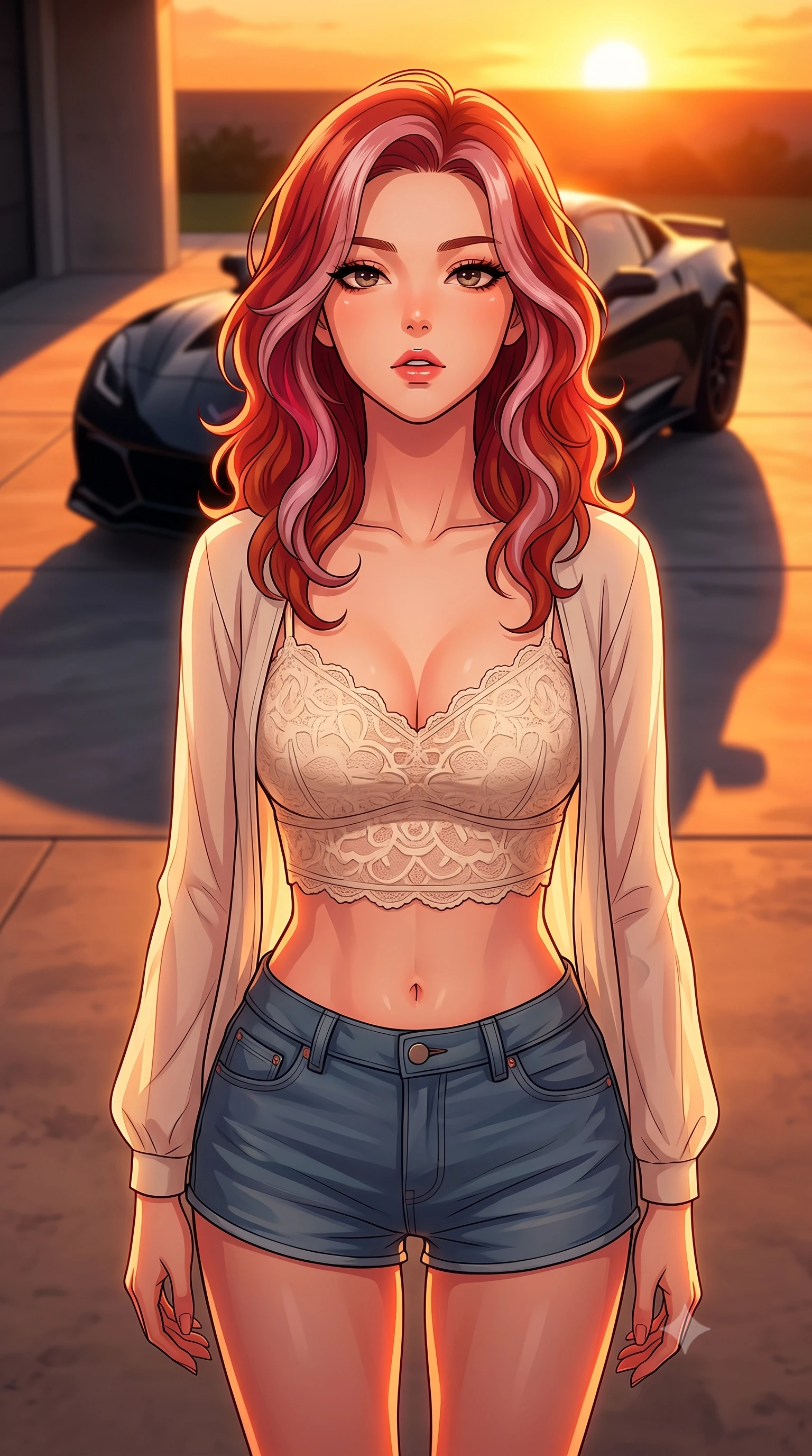 score_9, masterpiece, best quality, ultra-detailed, high-budget anime keyframe, tasteful artistic composition, Caucasian woman. close-up cowboy shot from the waist and thighs up, the character dominates the composition, filling the frame with her large presence, background elements kept in soft focus. tilting her chin up slightly with lips parted in a composed, provocative expression the background shows a soft-focus a modern concrete driveway facing a sleek black sports car at sunset. She has an exceptionally elegant, slender, and willowy female figure with an ultra-slim waist, a gracefully sculpted slender torso, and a refined silhouette. sharp v-shaped jawline, high-bridge nose, intricate jewel-like eyes with depth, thick eyelashes, glossy lips with a natural sheen. wearing a tailored delicate lace crop top in cream, worn under a semi-opaque chiffon cardigan and denim shorts. the dramatic orange glow of a sunset casting long shadows of the car and her figure. highly saturated vibrant anime colors, cel-shading, 2d style, master piece, 9:16 ratio