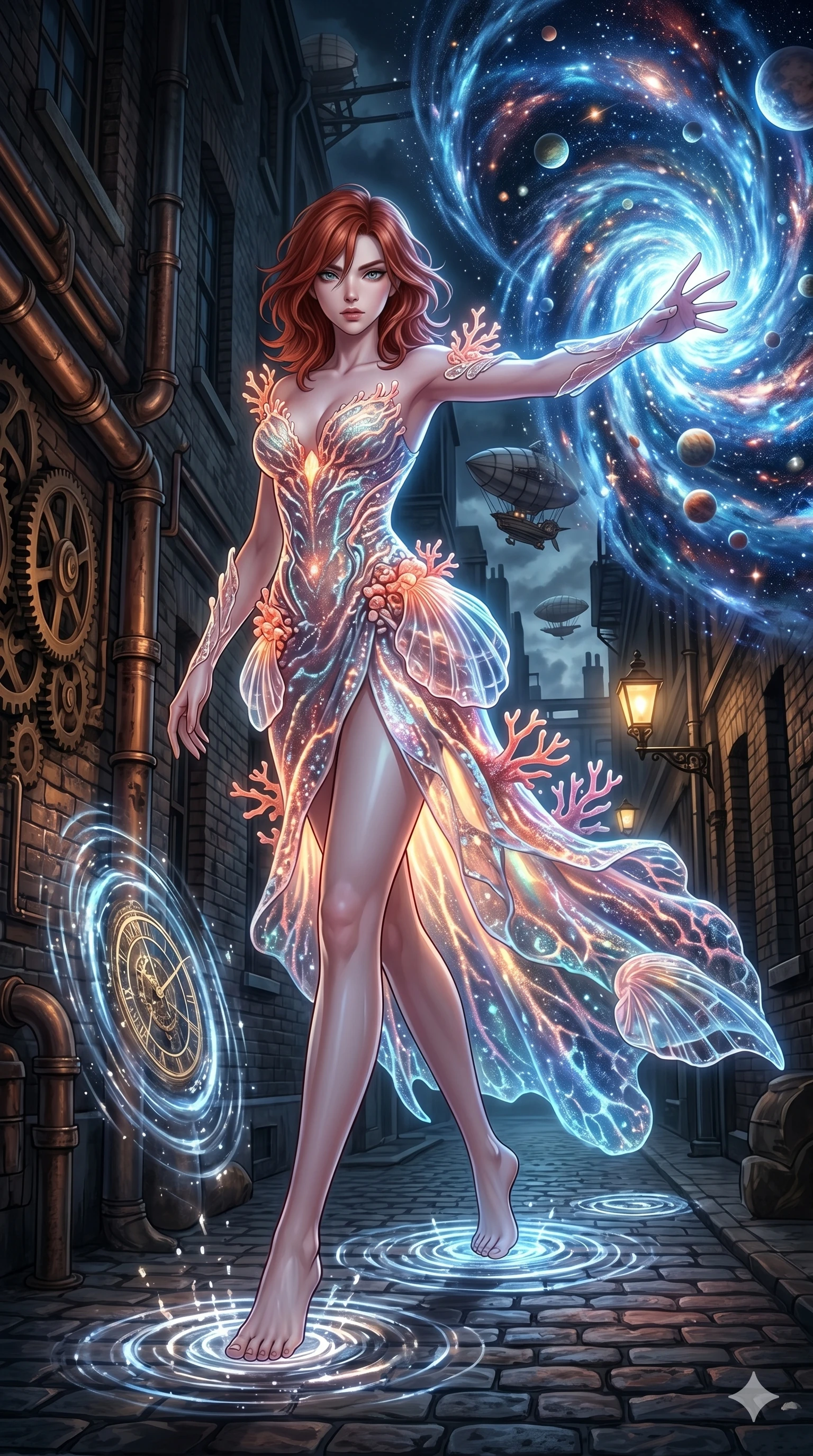 score_9, masterpiece, best quality, ultra-detailed, Set A: High-budget Anime Keyframe, Korean woman. Low angle cowboy shot filling the entire 9:16 frame with her statuesque presence. Theme: Primal Nature. unleashing a massive energy wave in a steampunk London alleyway, as she steps on ripples of time that distort the space 111. The atmosphere is filled with a swirling vortex of stars. She has an absolutely perfect 8-heads proportion, an exceptionally tall and slender female figure with impossibly long slender legs and an ultra-slim waist. Sharp v-shaped jawline, high-bridge nose, intricate jewel-like eyes with depth, glossy lips. Wearing Bioluminescent coral-reef dress with transparent shell-textured accessories. Cinematic lighting, vivid colors, dramatic shadows, 2k, ultra detail, master piece, 9:16 ratio