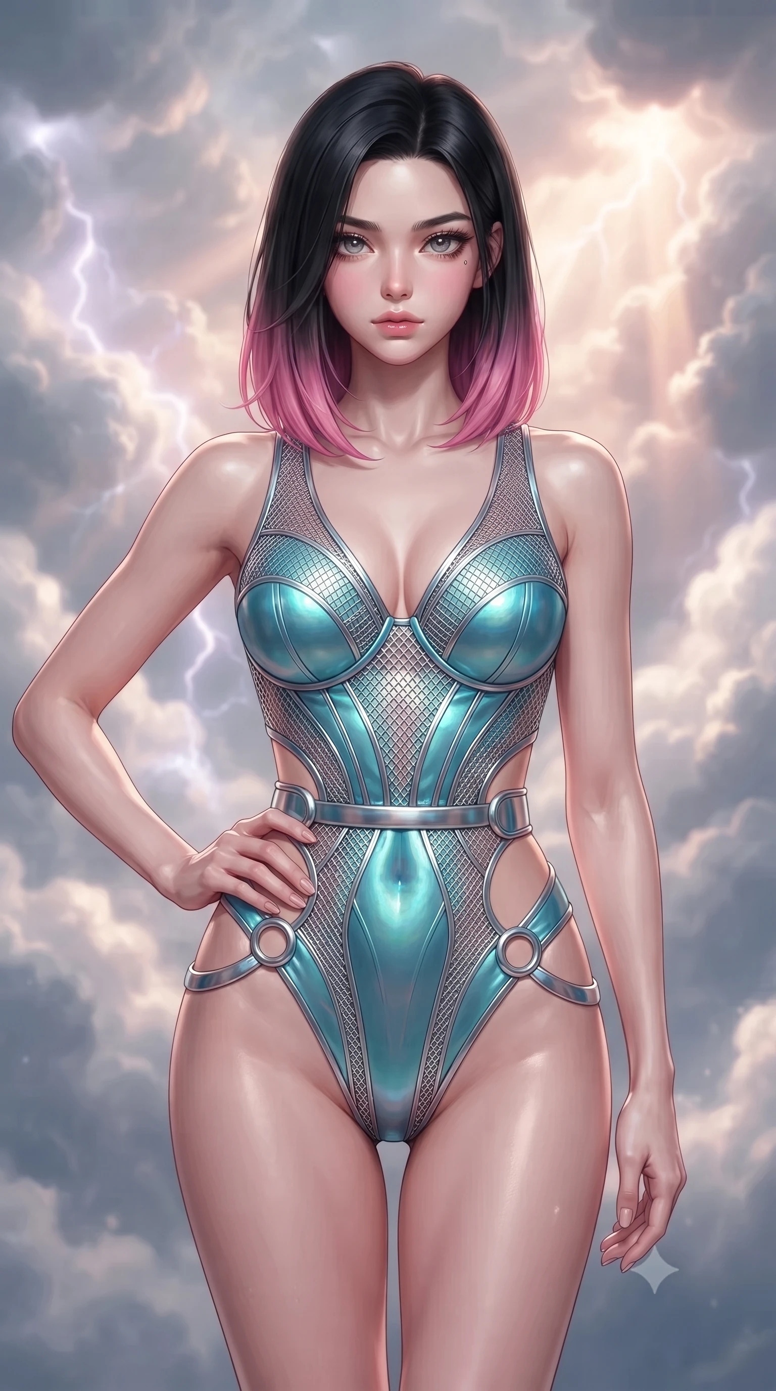 score_9, masterpiece, best quality, ultra-detailed, high-budget anime keyframe, editorial fashion photography, tasteful artistic composition, Korean woman. close-up cowboy shot from the waist and thighs up, the character dominates the composition, filling the frame with her large presence, background elements kept in soft focus. Holding a confident power pose with one hand on her hip, walking through a cloud sanctuary as soft thunderless lightning glows within cloud walls, rose-gold sunset rays penetrating soft cumulus cloud formations. She has an exceptionally elegant, slender, and willowy female figure with an ultra-slim waist, a gracefully sculpted slender torso, and a refined silhouette. sharp v-shaped jawline, high-bridge nose, intricate jewel-like eyes with depth, thick eyelashes, glossy lips with a natural sheen. wearing sculpted structured cup bodysuit in liquid silver metal-mesh with hip cutouts in metallic silver, made of iridescent turquoise taffeta, accented with sculpted opal chrome rings at the waist, contouring every curve with an exceptionally elegant silhouette. illuminated by soft internal cloud lightning and golden sunbursts. ultra-reflective glossy finish, specular highlights, metallic sheen, high-contrast stereoscopic depth, volumetric dynamic lighting, 2k, ultra detail, master piece, 9:16 ratio