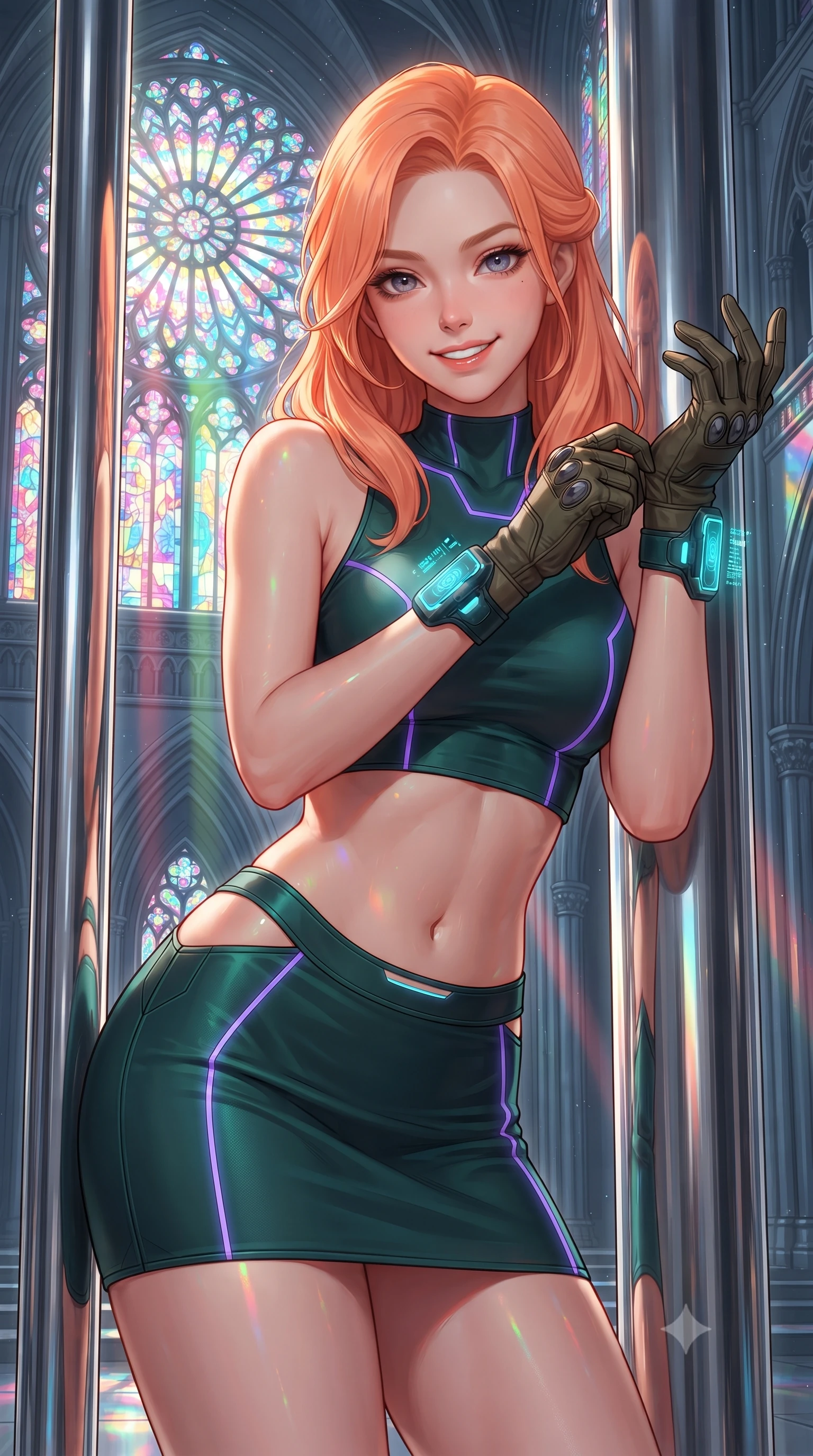 score_9, masterpiece, best quality, ultra-detailed, high-budget anime keyframe, editorial fashion photography, tasteful artistic composition, Japanese woman. close-up cowboy shot from the waist and thighs up, the character dominates the composition, filling the frame with her large presence. adjusting her tactical glove with cool confidence, her bright smile capturing fresh girlhood charm while her arched torso reveals an intoxicating hip contour while leaning against a polished chrome alter column with hips cocked back, casting an intoxicating, sacred bedroom-gaze toward the viewer. The surrounding environment is rendered in vivid detail and crisp panoramic clarity: detailed armored bodice weave, rainbow laser specular highlights on skin, and futuristic gothic cathedral architecture in high clarity. She has an exceptionally elegant, slender, and willowy female figure with an ultra-slim waist, flat toned midriff, narrow ribcage, and sculpted feminine hips creating an alluring, slim hourglass silhouette without bulk. sharp v-shaped jawline, high-bridge nose, intricate jewel-like sparkling eyes with depth, thick eyelashes, glossy parted lips with a natural sheen, bright confident smile with an enchanting and coquettish sensual glint, exuding both youthful magnetic charm and sovereign high-tech allure, flawlessly proportioned anatomical accuracy, strict slender model proportions, natural body alignment, perfectly sculpted long slender limbs, ultra-slim waistline, clean dynamic posture without body distortion. wearing a body-hugging modern carbon-alloy crop top paired with a low-rise tactical skirt and a subtle waist cut-out in dark emerald teal and ultraviolet glow lines, formed from supple thermal silicone composite adhering seamlessly like a second skin, featuring sleek glowing cyan HUD display wrist cuffs with floating data telemetry, the precision-cut side openings and low-back scoop framing her graceful spine and the sensual sweep of her slim, toned hips. bathed in majestic stained-glass laser light cascading through towering digital rose windows. ultra-reflective glossy finish, specular highlights, rich textural contrasts, high-contrast stereoscopic depth, volumetric dynamic lighting, 2k, ultra detail, master piece, 9:16 ratio