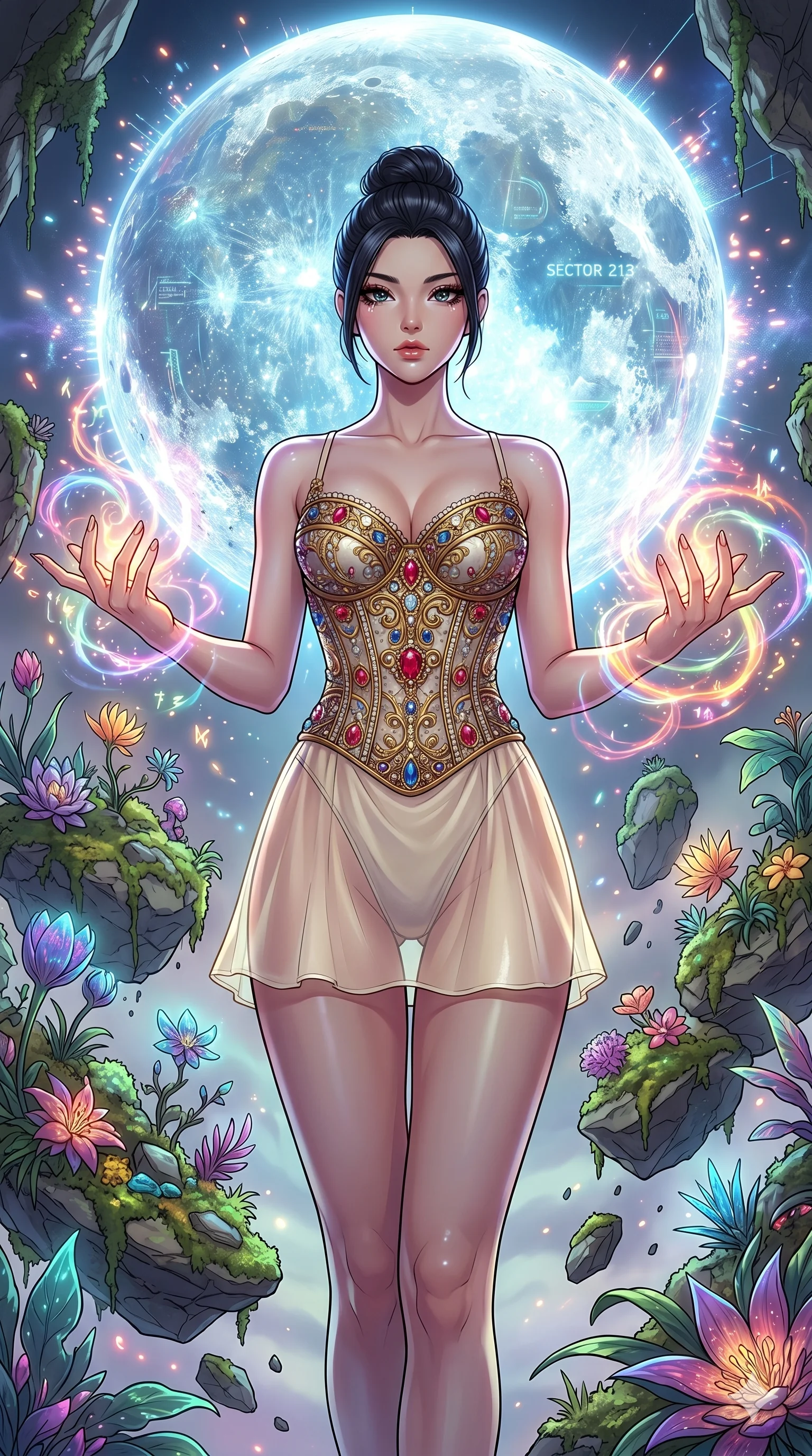 score_9, masterpiece, best quality, ultra-detailed, Set A: High-budget Anime Keyframe, Japanese woman. Low angle cowboy shot filling the entire 9:16 frame with her statuesque presence. Casting a spell through a floating botanical garden, with a massive holographic moon rising behind her marked as sector 213 and surrounded by glowing energy sparks. She has an absolutely perfect 8-heads proportion, an exceptionally tall and slender female figure with impossibly long slender legs and an ultra-slim waist. Sharp v-shaped jawline, high-bridge nose, intricate jewel-like eyes with depth, thick eyelashes, glossy lips with a natural sheen. Wearing Intricate jewel-encrusted corset over a sheer silk slip with high-cut leg line. Cinematic lighting, vibrant colors, dramatic shadows, 2k, ultra detail, master piece, 9:16 ratio