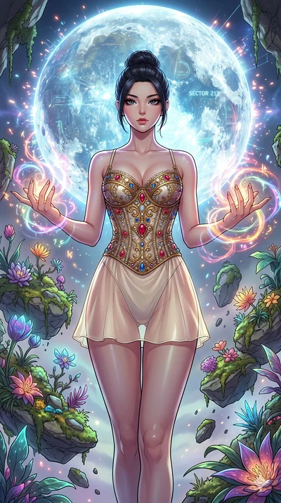 score_9, masterpiece, best quality, ultra-detailed, Set A: High-budget Anime Keyframe, Japanese woman. Low angle cowboy shot filling the entire 9:16 frame with her statuesque presence. Casting a spell through a floating botanical garden, with a massi
