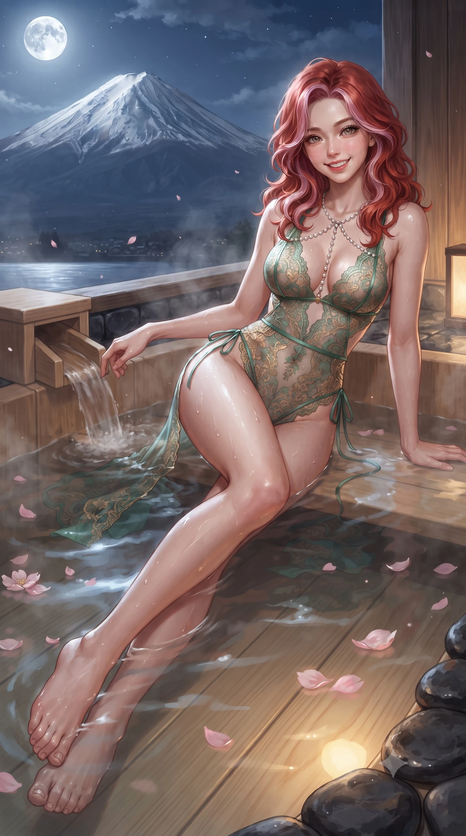 score_9, masterpiece, best quality, ultra-detailed, high-budget anime keyframe, editorial fashion photography, tasteful artistic composition, Caucasian woman. low angle full-body shot from head to toe showing her feet, filling the entire 9:16 vertical frame with her statuesque presence, stretching her vertical silhouette. lounging on the lavish daybed with legs crossed and hips angled toward the camera, displaying her toned midriff and long slender limbs with effortless siren poise while lounging in the steaming water with legs extended, displaying her long slender limbs and statuesque hourglass silhouette against Fuji's peak. The surrounding environment is rendered in vivid detail and crisp panoramic clarity: sharp wet aromatic hinoki wood grain, polished dark river stone borders, and floating cherry blossom petals in deep focus. She has an exceptionally tall and slender model-like 8.5-heads proportion, an ultra-slim waist, a flat toned midriff, narrow delicate ribcage, and beautifully sculpted feminine hips creating a graceful, slim hourglass silhouette without any bulky heaviness, with impossibly long slender legs. sharp v-shaped jawline, high-bridge nose, intricate jewel-like sparkling eyes with depth, thick eyelashes, glossy parted lips with a natural peach sheen, bright cheerful beaming smile with an enchanting and coquettish sensual glint, exuding both youthful cute charm and seductive allure, flawlessly proportioned anatomical accuracy, strict slender model proportions, natural body alignment, perfectly sculpted long slender limbs, ultra-slim waistline, clean dynamic posture without body distortion. wearing an alluring semi-sheer botanical lace teddy with open back and delicate satin ties along the hips in French Concession jade green and gilded bronze, made of sheer gossamer chiffon that drapes softly against skin with airy translucence, accented with a pearl-drop body harness subtly framing her dewy collarbones and spine, the high-slit wrap tailoring accentuating her ultra-slim waistline and the enchanting curve of her feminine hips with alluring seductive charm. bathed in the majestic silver moonlight illuminating the snow peak combined with warm 2400K submerged tub LEDs. ultra-reflective glossy finish, specular highlights, rich textural contrasts, high-contrast stereoscopic depth, volumetric dynamic lighting, 2k, ultra detail, master piece, 9:16 ratio