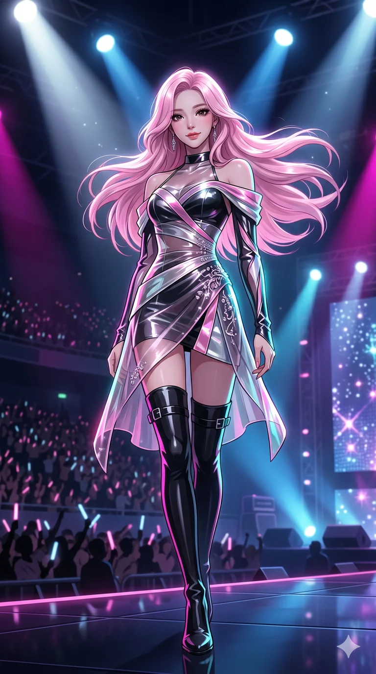 score_9, masterpiece, best quality, ultra-detailed, semi-realistic high-budget anime keyframe, an incredibly beautiful Korean woman. Low angle cowboy shot filling the frame. She has an absolutely perfect 8-heads proportion, an exceptionally tall female figure with a delicate skinny figure. Her face is a highly detailed masterpiece featuring a v-shaped jawline, high-bridge nose, intricate jewel-like eyes, thick eyelashes, and glossy lips. She has pastel pink flowing hair. She is wearing a tight-fitting glossy translucent pop-star dress, sensual off-shoulder design, zettai ryouiki, highlighting her alluring silhouette. Glittering pop-star stadium, dramatic spotlighting, dramatic rim lighting, cinematic shadows, 2k, ultra detail, master piece, 9:16 ratio