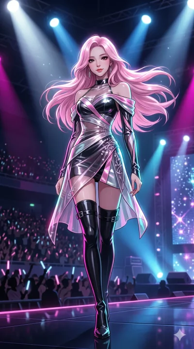 score_9, masterpiece, best quality, ultra-detailed, semi-realistic high-budget anime keyframe, an incredibly beautiful Korean woman. Low angle cowboy shot filling the frame. She has an absolutely perfect 8-heads proportion, an exceptionally tall fema