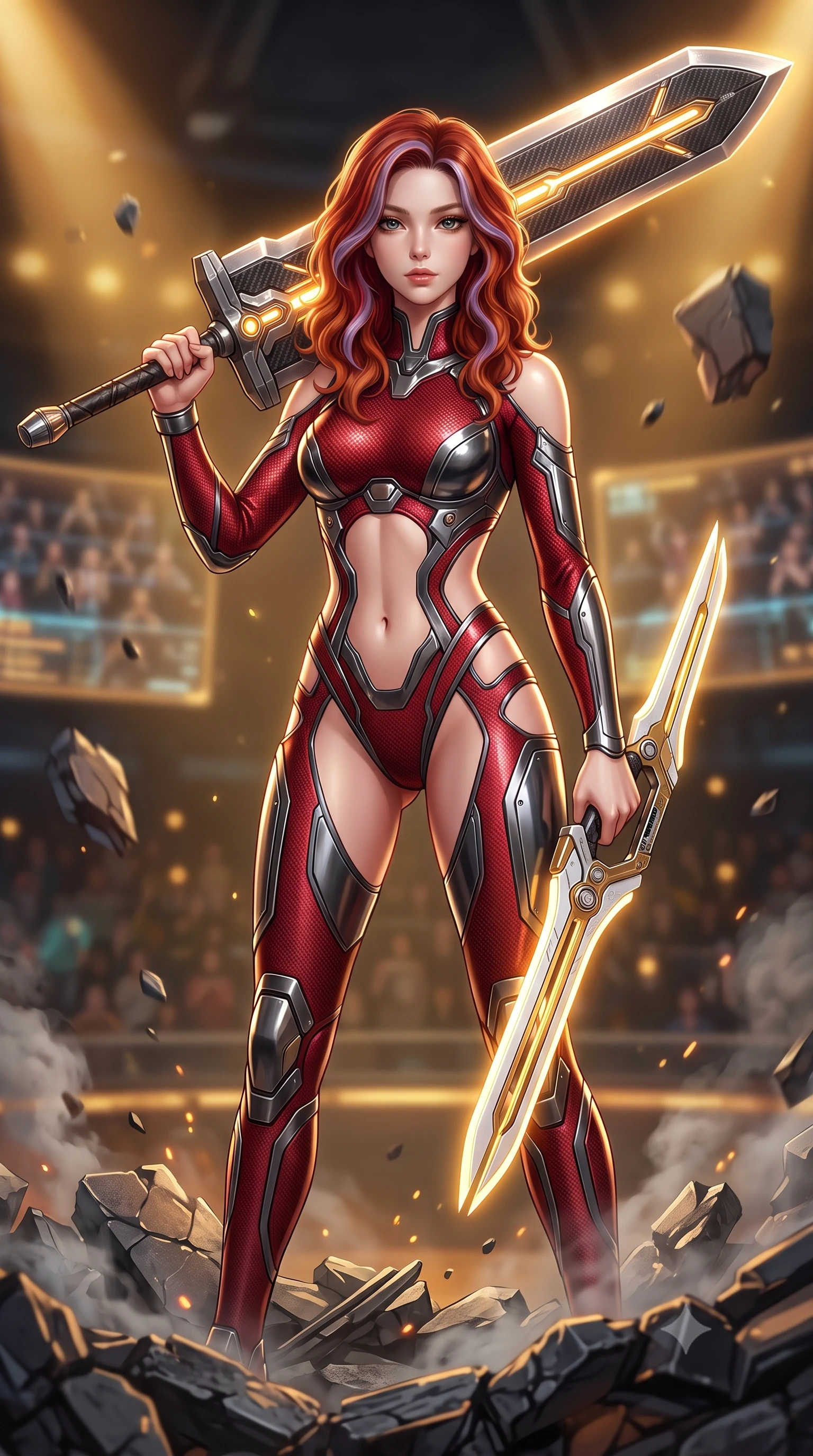 score_9, masterpiece, best quality, ultra-detailed, high-budget anime keyframe, semi-realistic 3D game render, editorial fashion photography, tasteful artistic composition, Caucasian woman. close-up cowboy shot from the waist and thighs up, the character dominates the composition, filling the frame with her large presence. gazing forward with divine sovereign poise, captivating jewel-like eyes shining with transcendent focus while holding her weapon with effortless mastery while standing victorious on the shattered rubble of a cybernetic colosseum arena with a massive carbon greatsword resting on her shoulder. The composition keeps background elements in soft focus with creamy bokeh. holographic colosseum spectator stands and floating debris blurred into rich amber, gold, and charcoal bokeh. She has an exceptionally elegant, slender, and willowy female figure with an ultra-slim waist, a gracefully sculpted slender torso, toned flat midriff, and a refined slim silhouette. sharp v-shaped jawline, high-bridge nose, intricate jewel-like eyes with depth, thick eyelashes, glossy lips with a natural sheen, flawlessly proportioned anatomical accuracy, strict slender model proportions, natural body alignment, perfectly sculpted long slender limbs, ultra-slim waistline, clean dynamic posture without body distortion. wearing a skin-tight crimson carbon-weave combat leotard with metallic dark chrome plating and hip-accentuating cutouts, holding twin glowing high-frequency vibro-blades with effortless supermodel poise in arctic white carbon composite with radiant solar gold plating, made of lightweight aerodynamic carbon-titanium alloy with polished edge bevels, detailed with magnetic weapon holsters and polished chrome connection clasps, the precision-cut daring openings accentuating her delicate midriff, graceful bare collarbones, and ultra-slim feminine waistline. bathed in warm golden arena searchlights and glowing greatsword energy channel radiance. rich saturated anime colors with glowing neon highlights, detailed shading with soft gradients, rich glossy textures, high-contrast stereoscopic depth, volumetric dynamic lighting, master piece, 9:16 ratio